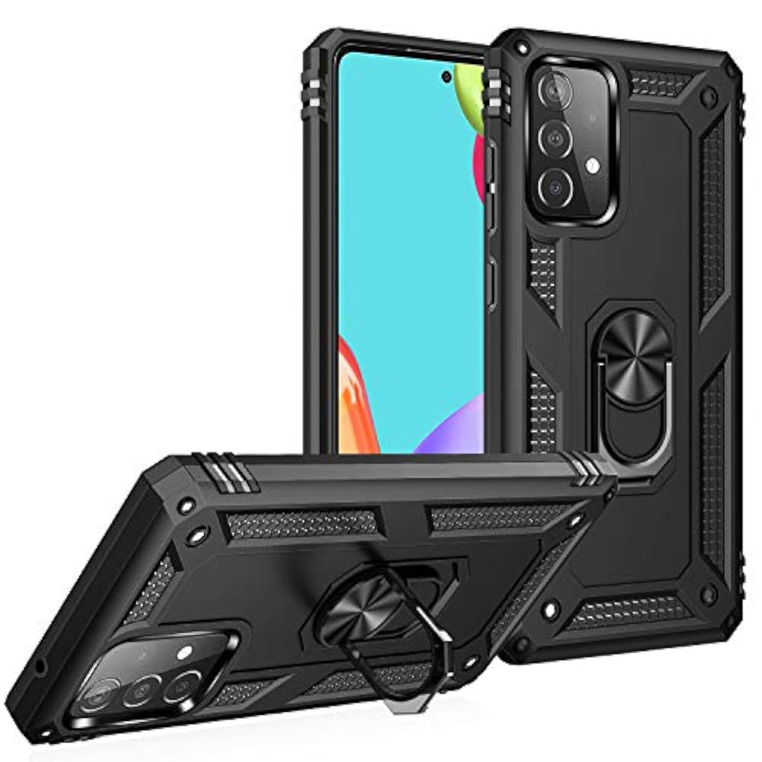 Military Grade Drop Impact For Samsung Galaxy A52 5G Case 360 Metal Rotating Ring Kickstand Holder Armor Heavy Duty Shockproof Cover For Galaxy A52 5G/4G Phone Case (Black)