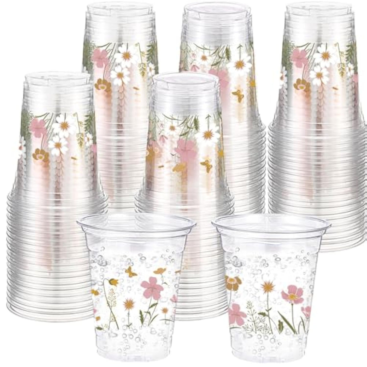 60 Pcs Flower Spring Summer Disposable Cups 16 Oz Floral Wildflowers Plastic Drinking Cups For Summer Spring Birthday Baby Shower Party Supplies(Boho)