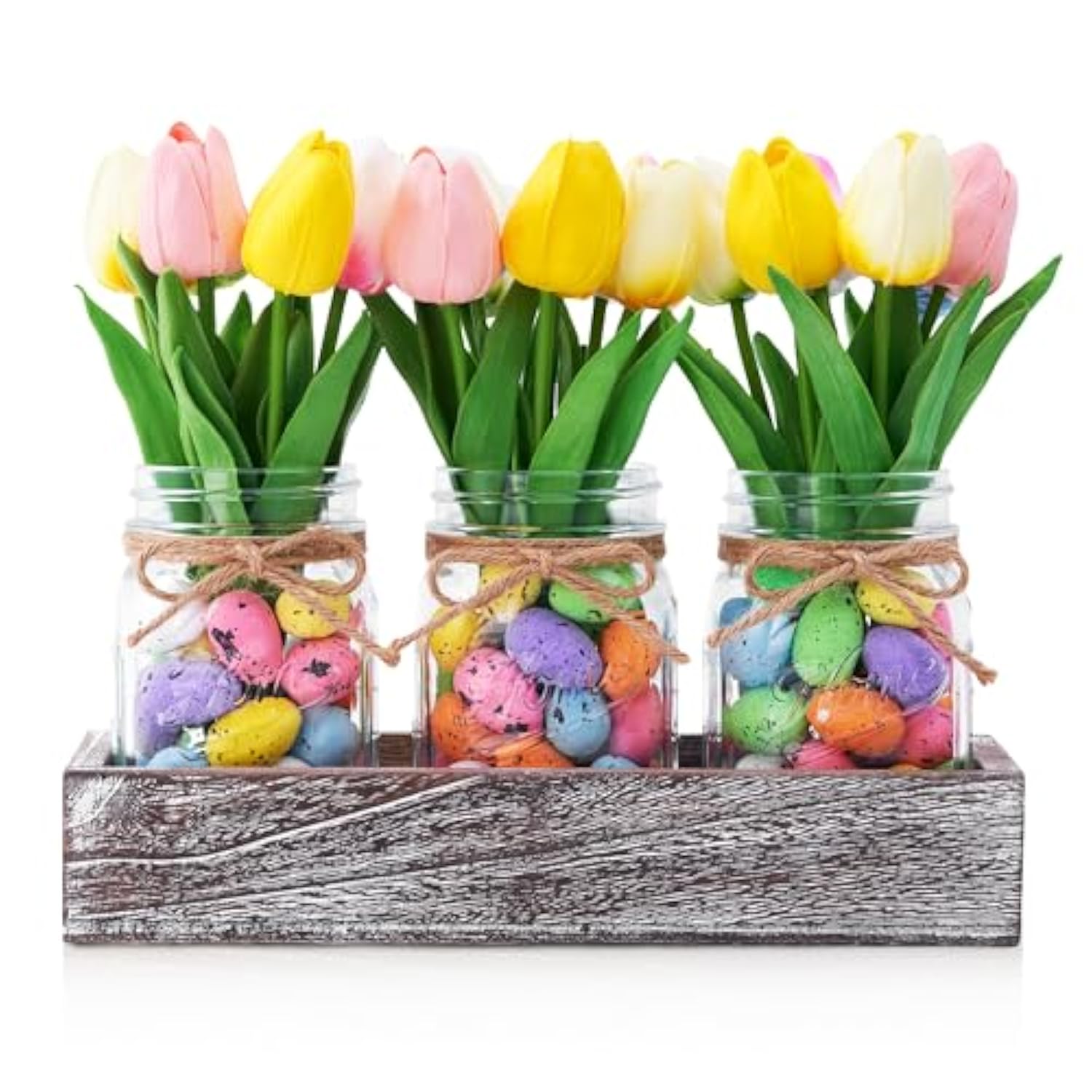 Mason Jar Spring Easter Table Decor, Centerpieces For Tables With Easter Eggs Decor, Farmhouse Wood Tray, 23 Pcs Easter Spring Decorations Indoor For Home Office Table