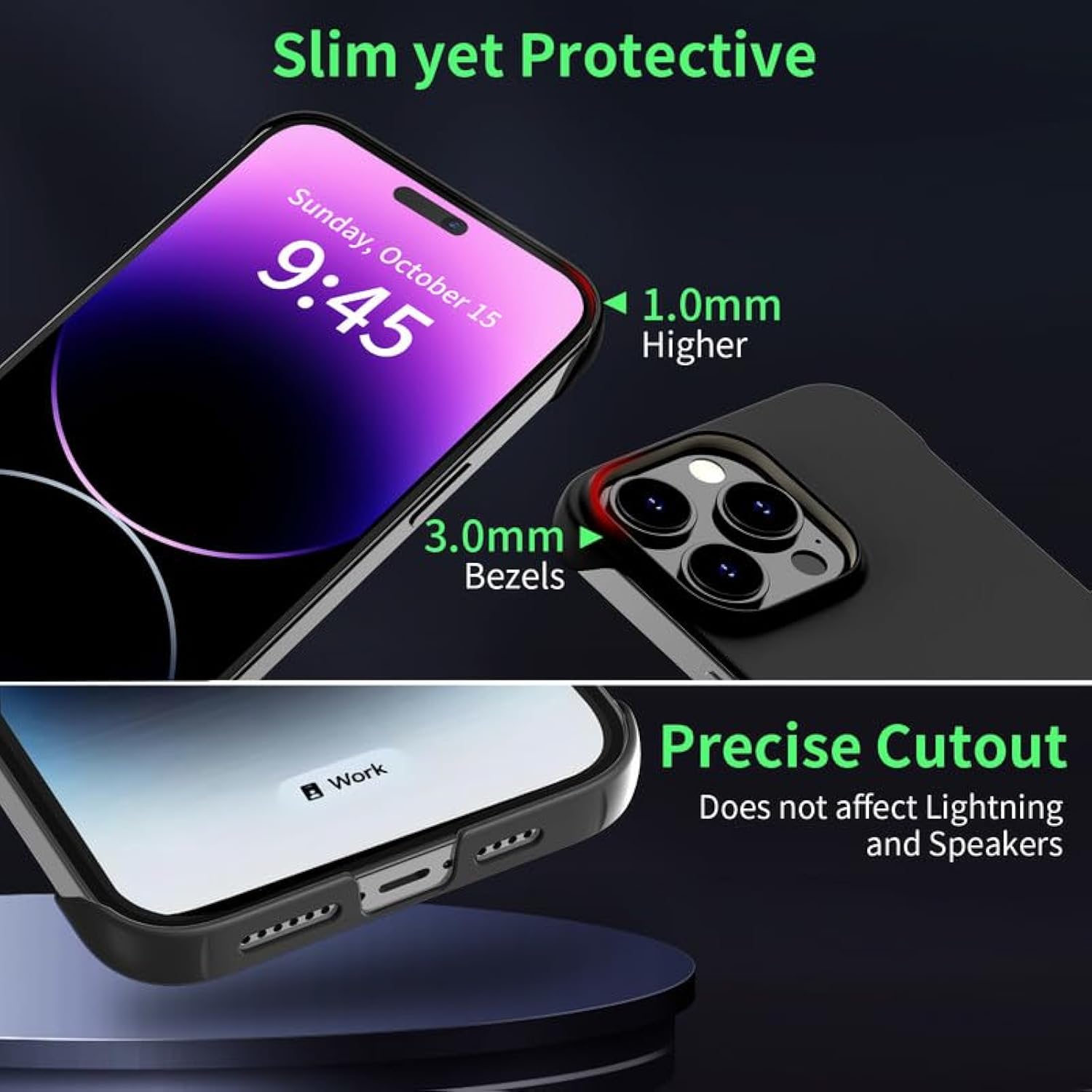 Slim Borderless For Iphone 15 Pro Max Phone Case 6.7"(2023) Ultra-Thin Lightweight Frameless Matte Hard Pc Cover Case With Pull Ring Shockproof Non Slip Rope,Suppor Wireless Charging-Black
