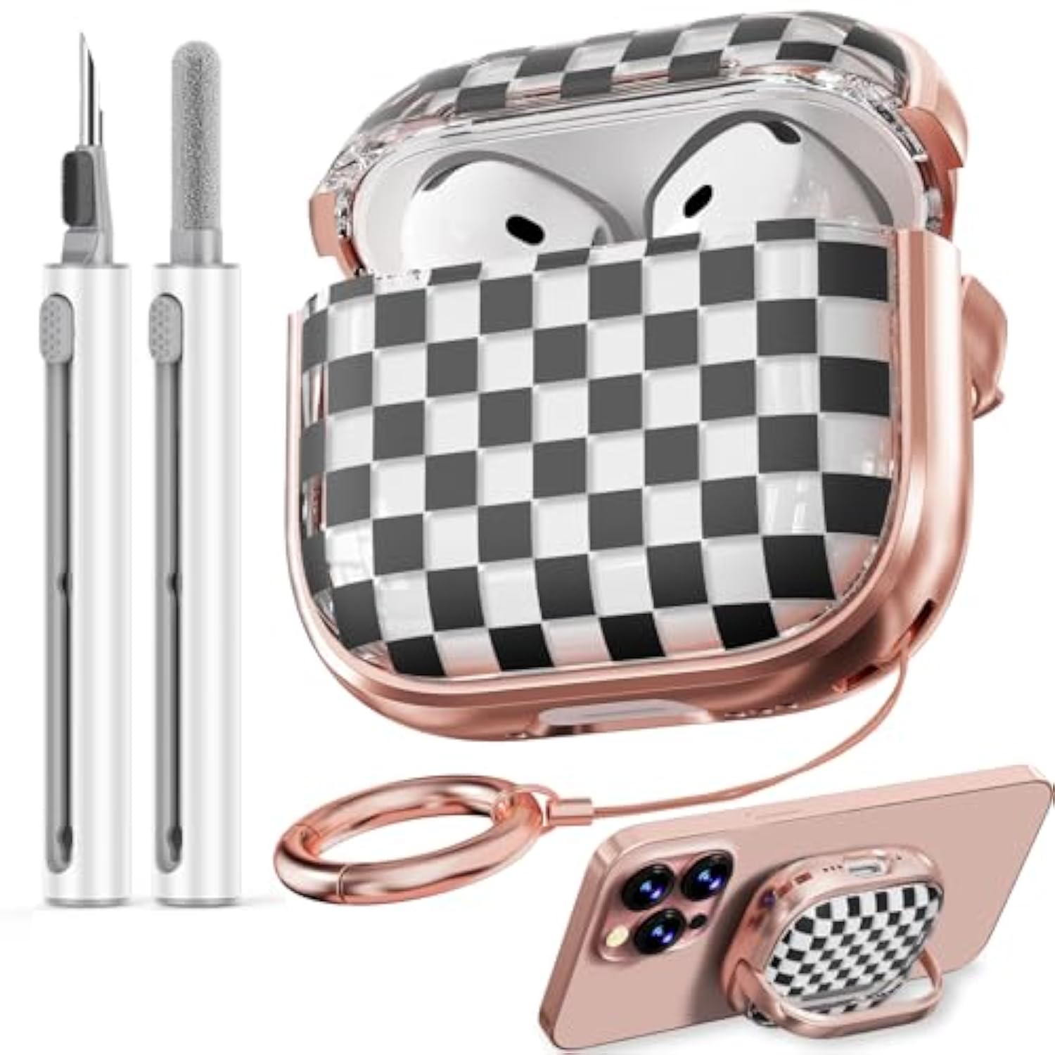With Safety Lock For Airpods 4 Case 2024, Tpu Clear Airpod 4Th Generation Case,Air Pod 4 Cases For Women Girly, Airpods 4 With Active Noise Cancellation Cases With Cleaner Kit - Checkerboard
