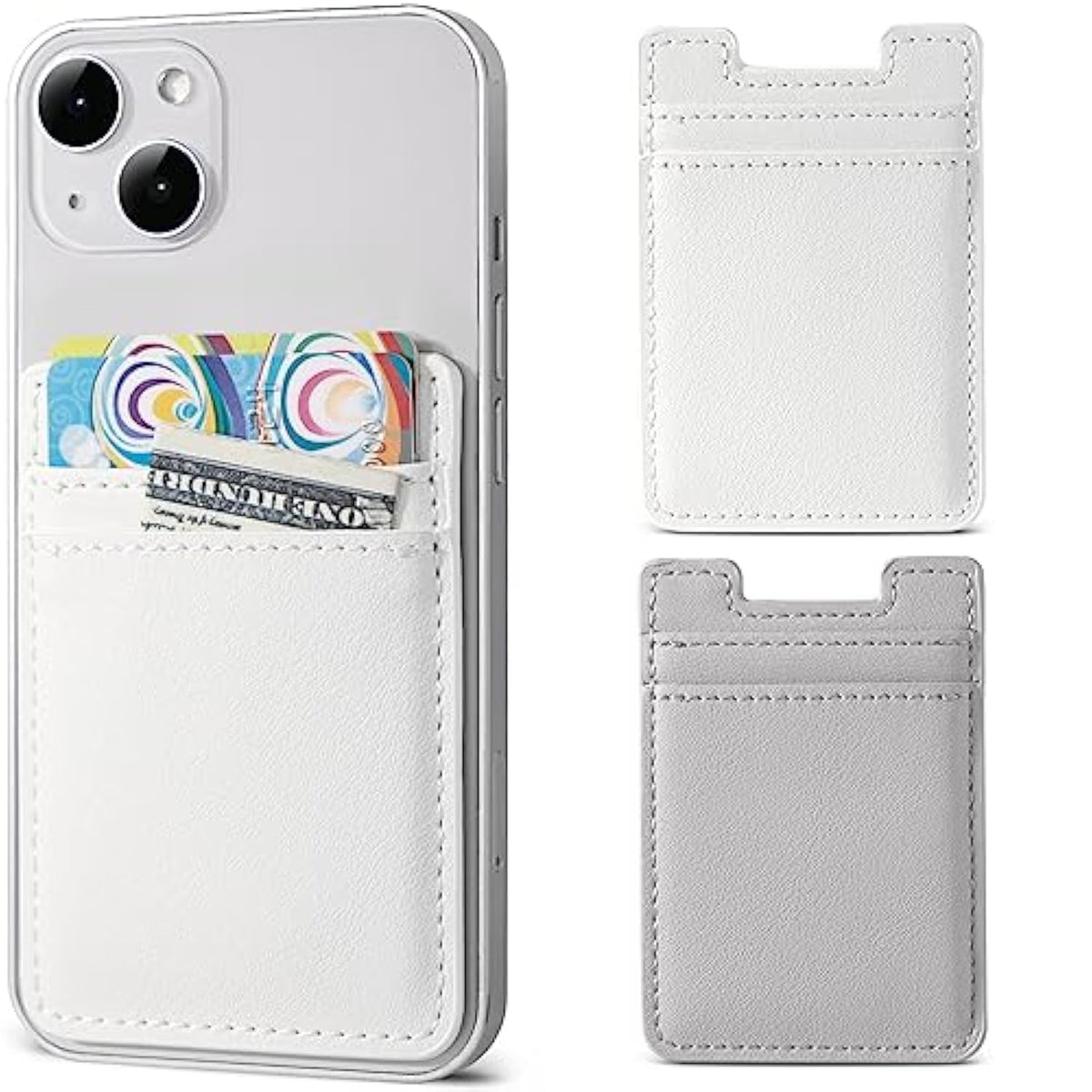2-Pack Leather Phone Wallet, Adhesive Card Holder for iPhone & Android - White, Grey