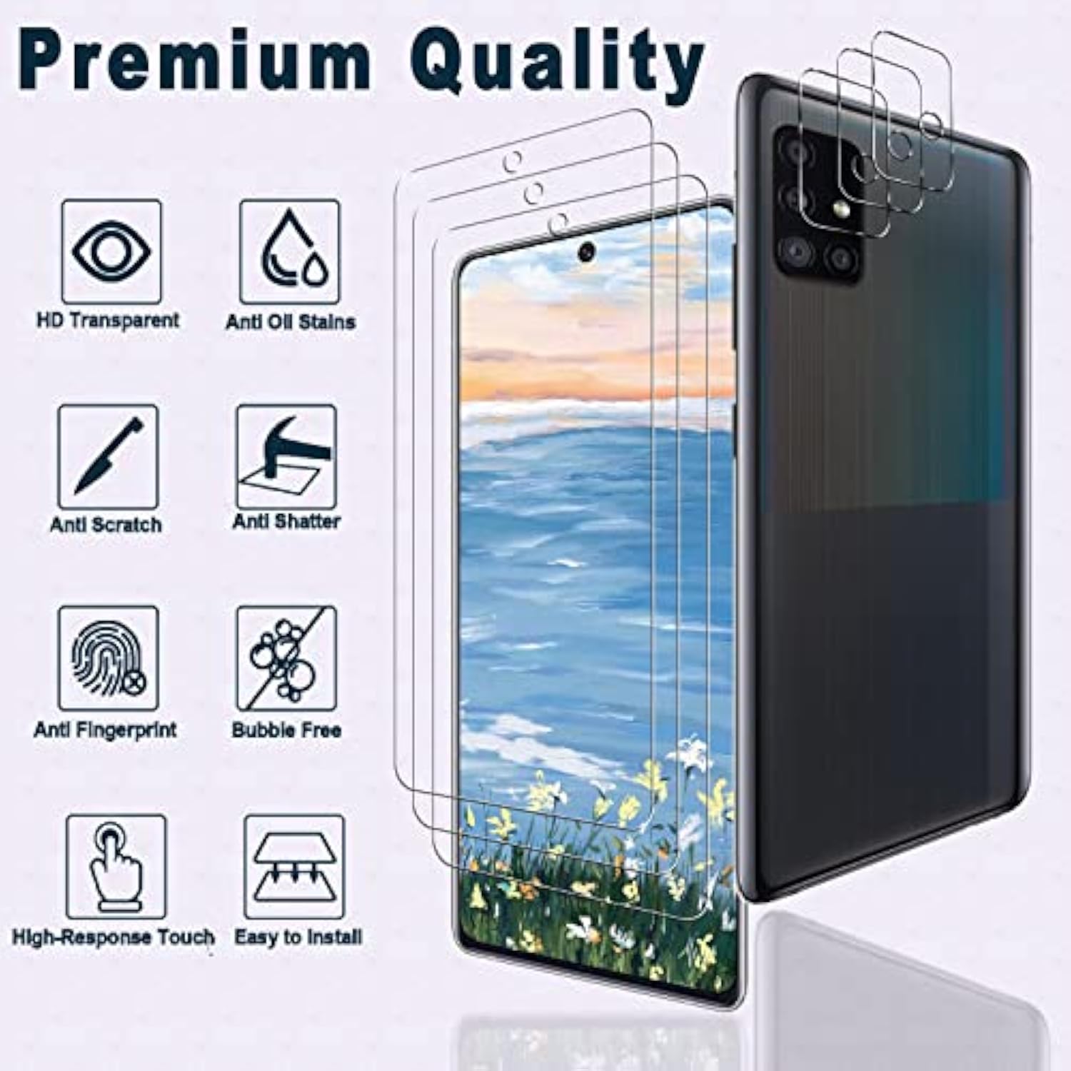 [3+3 Pack]Galaxy A71 5G Screen Protector+Camera Lens Protector, 9H Hardness Tempered Glass, Anti Scratch, Hd Clear, Easy Installation, Bubble Free, Screen Protector For Samsung Galaxy A71 5G/4G/5G Uw