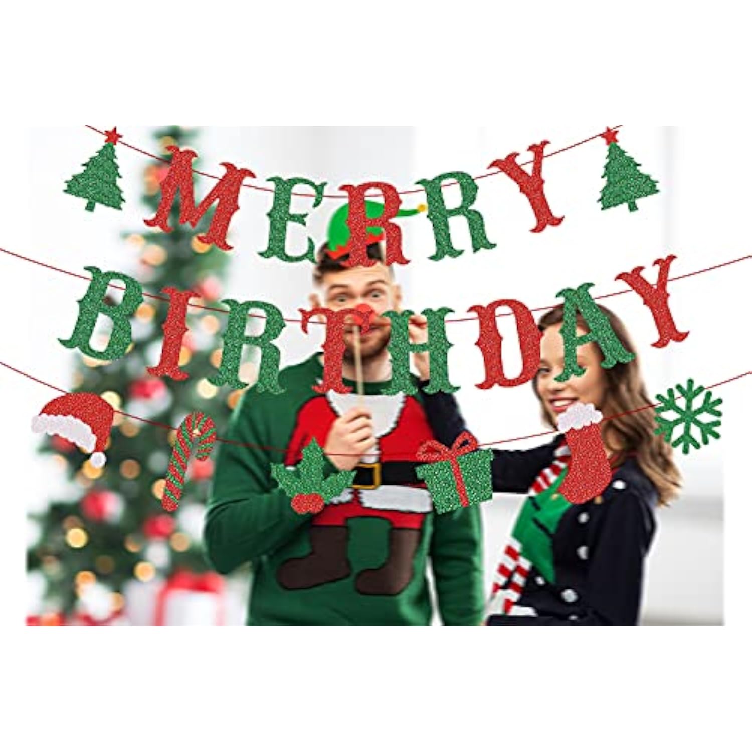 Merry Birthday Banner, 3Pcs Glittery Merry Christmas Birthday Banner, Red & Green Christmas Party Home Mantle Decorations