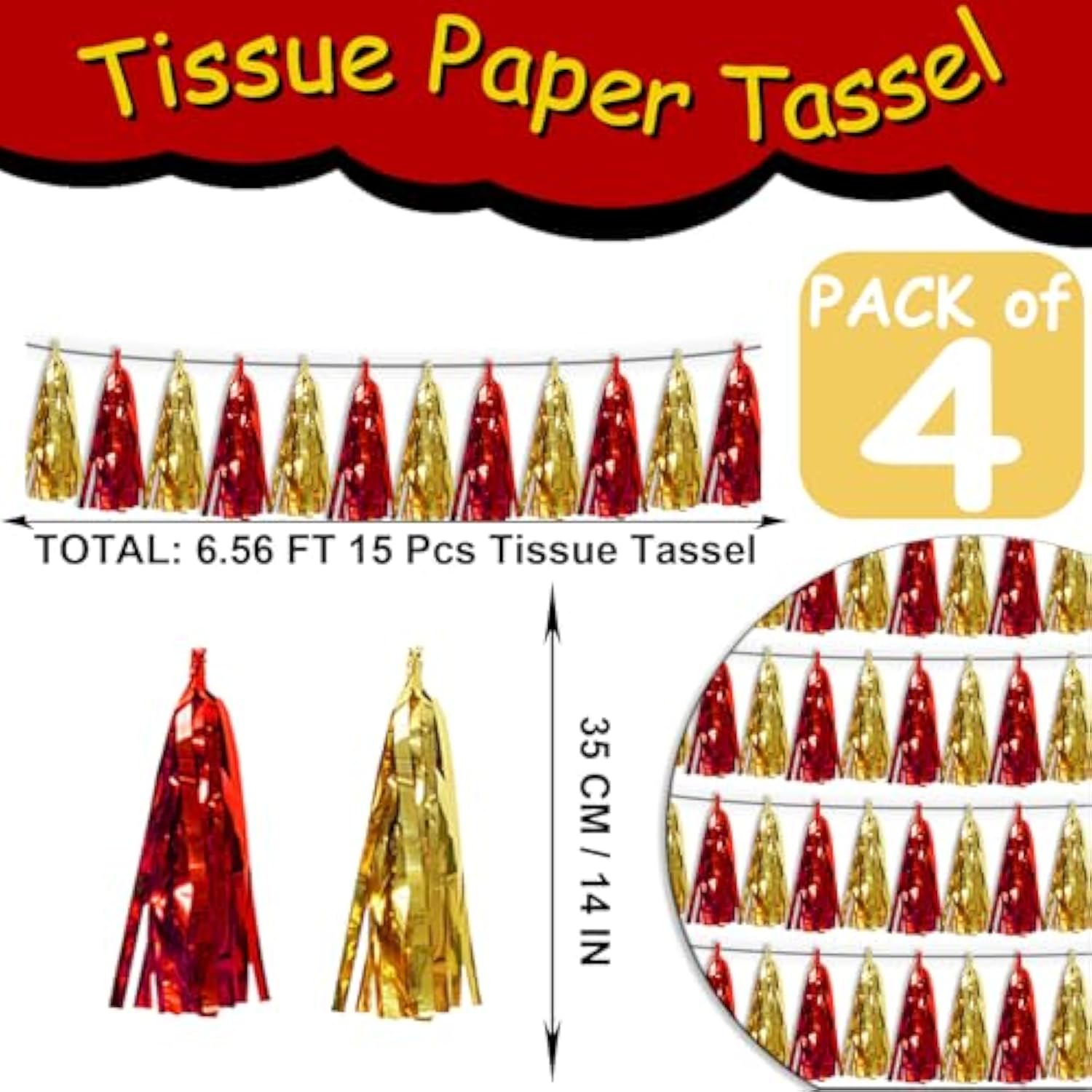 4P Red Gold Tassel Banner Garland Metallic Foil Fringe Banner Tinsel Tassels Streamer Banner Backdrop For Parade Floats Graduation Halloween, Christmas, Baby Bridal Shower Party Decorations