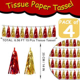 4P Red Gold Tassel Banner Garland Metallic Foil Fringe Banner Tinsel Tassels Streamer Banner Backdrop For Parade Floats Graduation Halloween, Christmas, Baby Bridal Shower Party Decorations