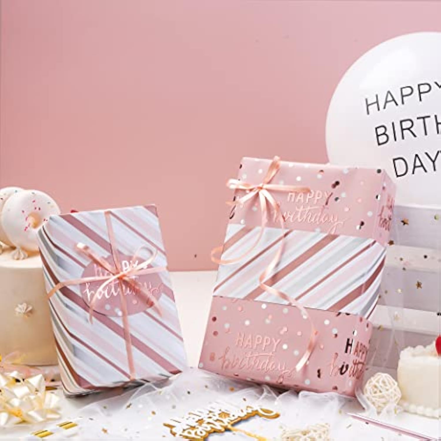 Reversible Pink Birthday Wrapping Paper - 17" x 32.8' with Foil Lettering