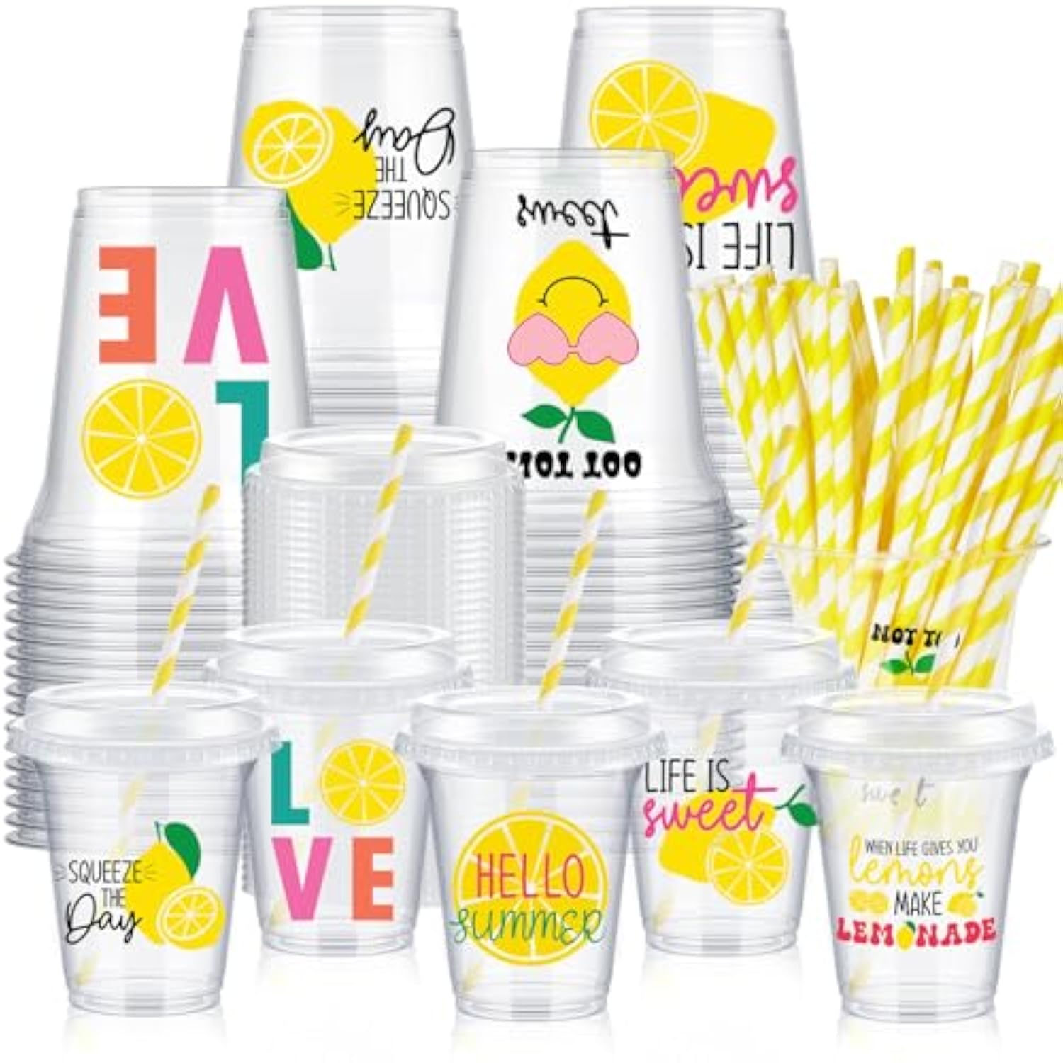 60 Set Plastic Cups Lemon Themed 14 Oz Disposable Clear Cups With Lids And Paper Straws For Lemon Themed Party Favor Supplies Decorations