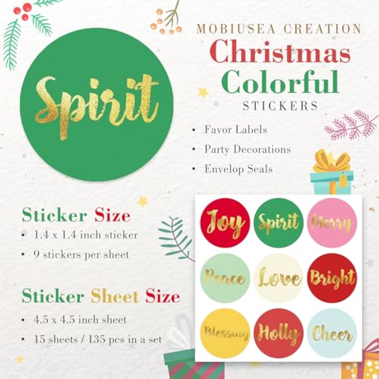 Colorful Christmas Stickers | Gold Foil | 1.4 Inch | Inspirational Positive Word | Waterproof | 135-Pack For Christmas Gifts, Holiday Stickers For Envelopes