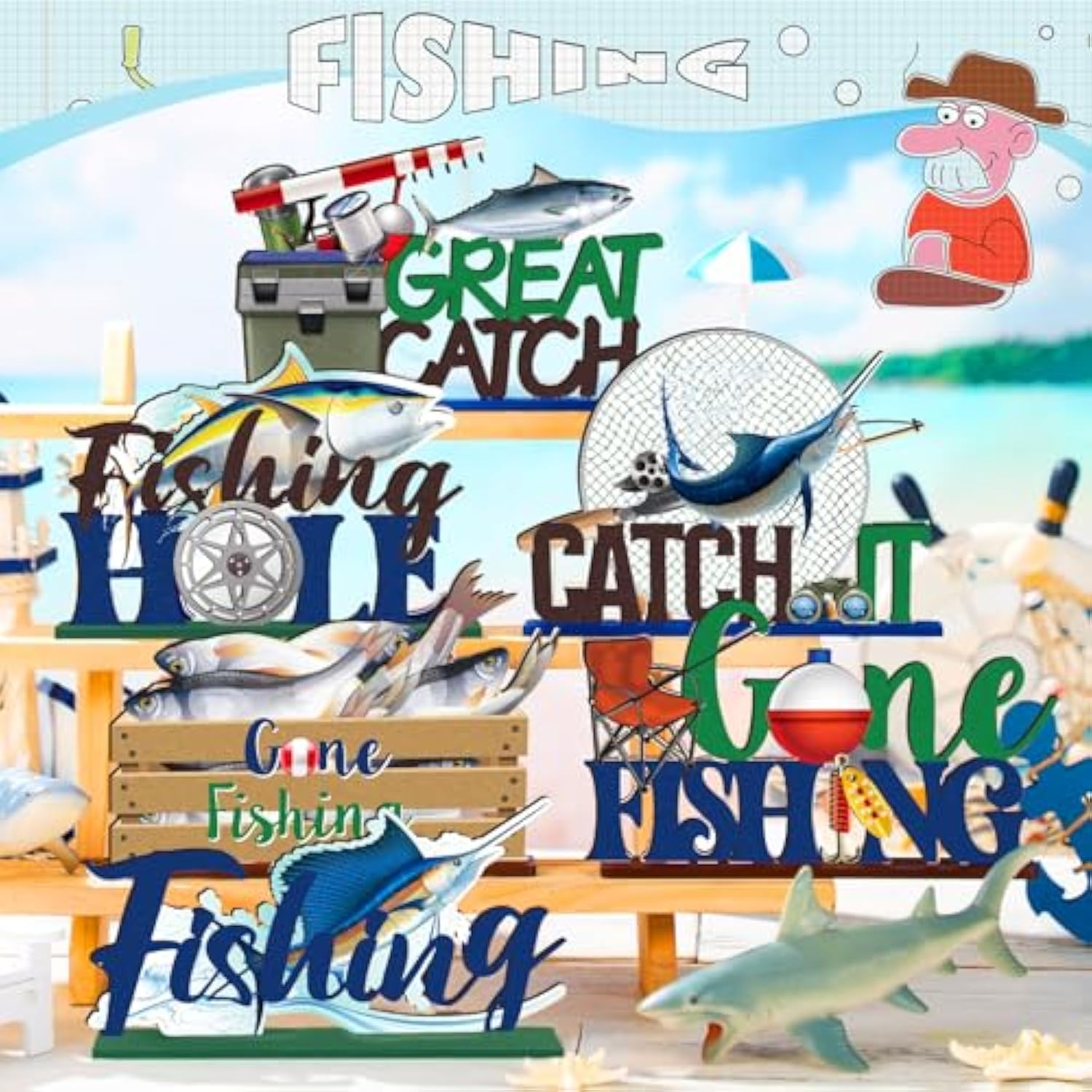 6 Sets Fishing Table Decor Summer 3D Fishing Table Decor Gone Fishing Party Wooden Fishing Theme Centerpieces Fisherman Friends Mas Party Decor For Birthday Baby Shower Party Decorations