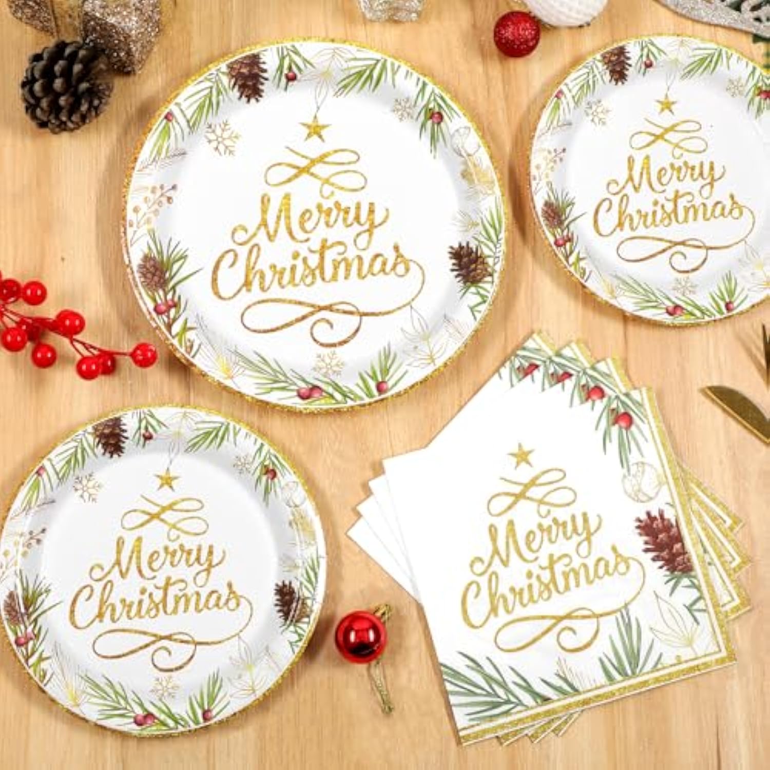 Christmas Paper Plates And Napkins, Christmas Tree Gold Plate And Napkin Disposable, Holiday Paper Plates And Napkins Sets For Xmas Holiday Winter Dinner, Merry Xmas Plate For Party Supplies
