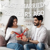 25th Wedding Anniversary Banner, Silver Glitter Just Married 25 Years Ago Decor