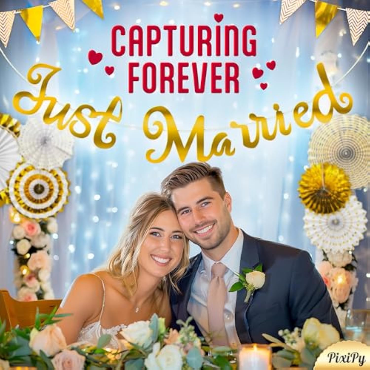 Wedding Decorations Set (Gold), Bridal Shower Decoration W/ Just Married Banner, Party Bunting Banner, 10 Tassels Garland & 6 Paper Fans, Wedding Reception Party Supplies By