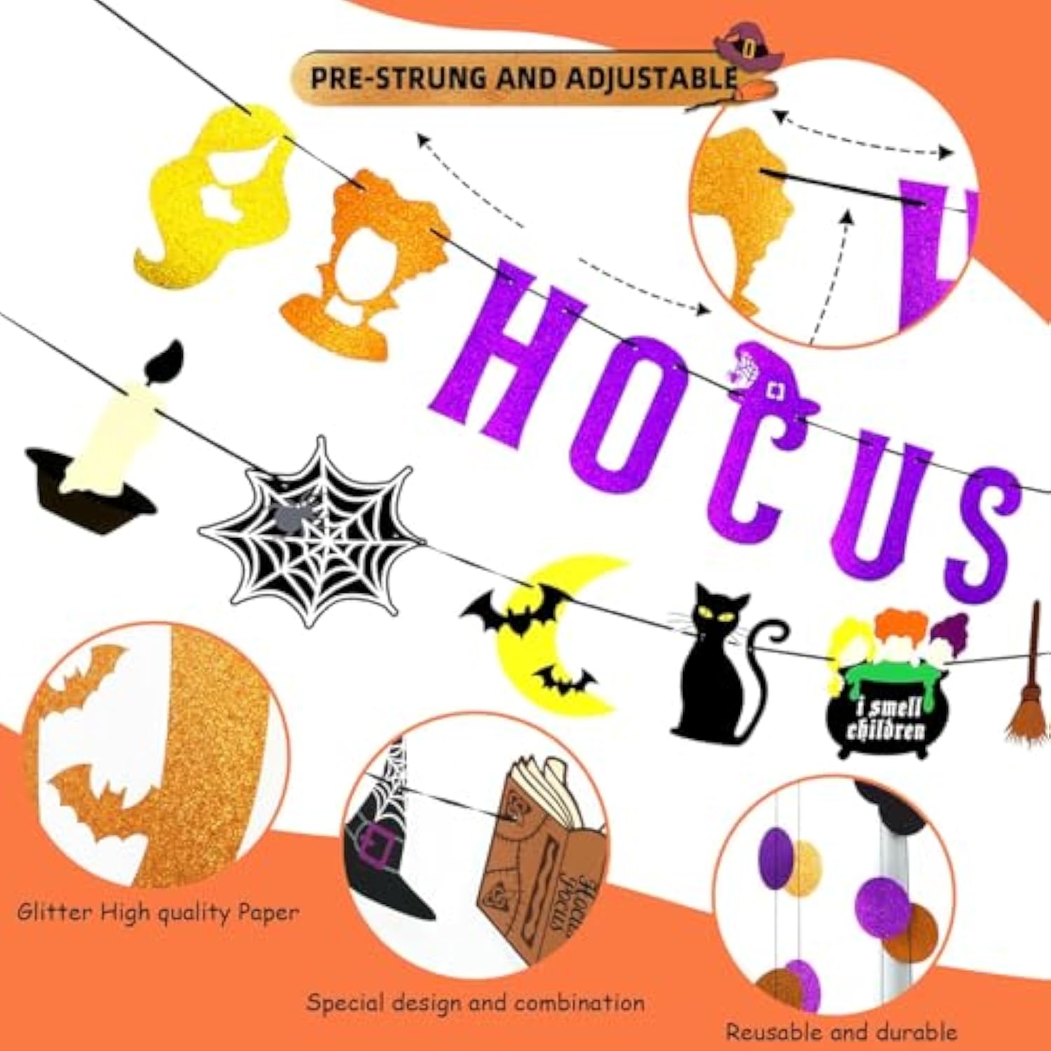 Upgraded, 3Pcs Hocus Pocus Decor, Halloween Hocus Pocus Banner (Premium Glitter), With 12Pcs Hallo Ween Sign Hanging Paper, 1 Set Garland, Witches Halloween Decorations, For Indoor Home Office Wall