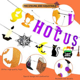 Upgraded, 3Pcs Hocus Pocus Decor, Halloween Hocus Pocus Banner (Premium Glitter), With 12Pcs Hallo Ween Sign Hanging Paper, 1 Set Garland, Witches Halloween Decorations, For Indoor Home Office Wall