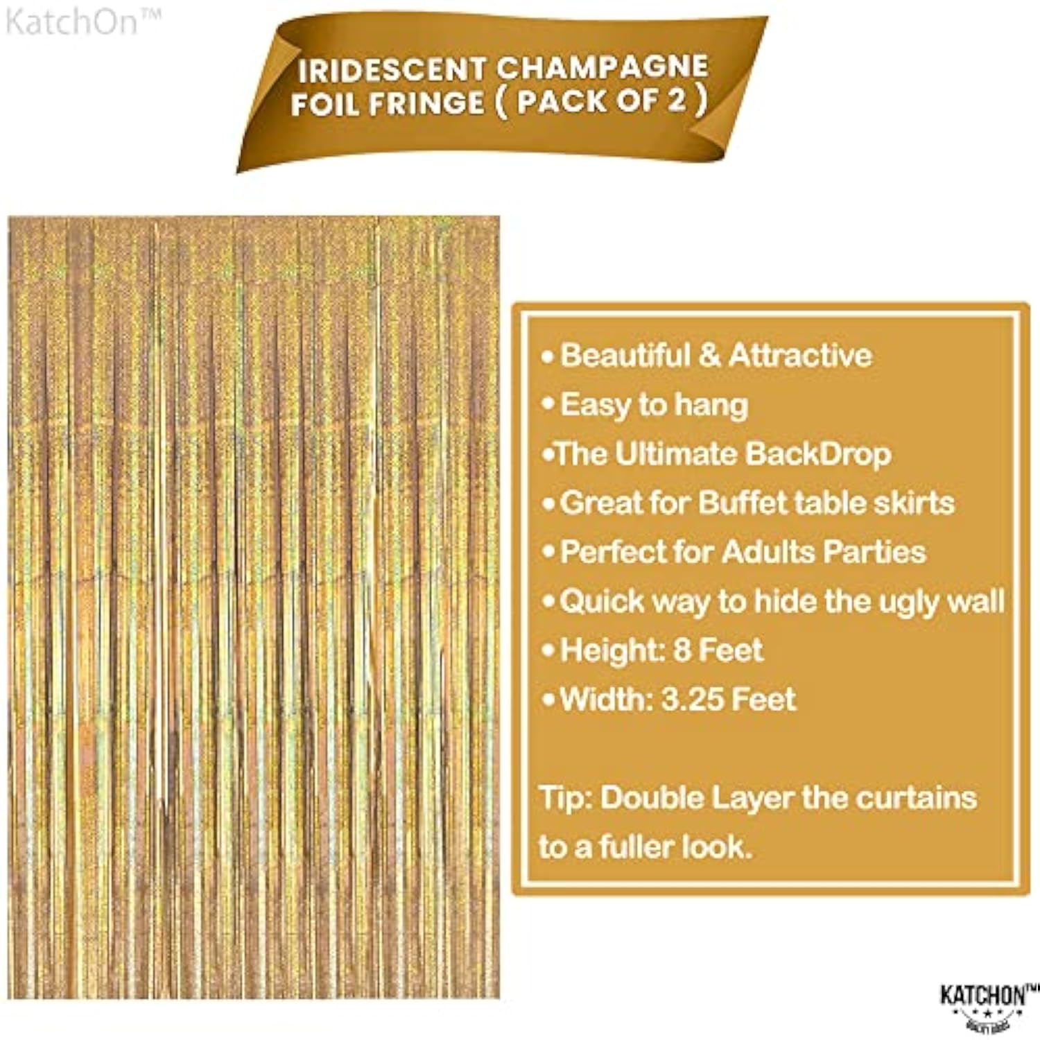 Champagne Gold Fringe Curtain Backdrop 3.2x8ft Pack of 2 Party Decor