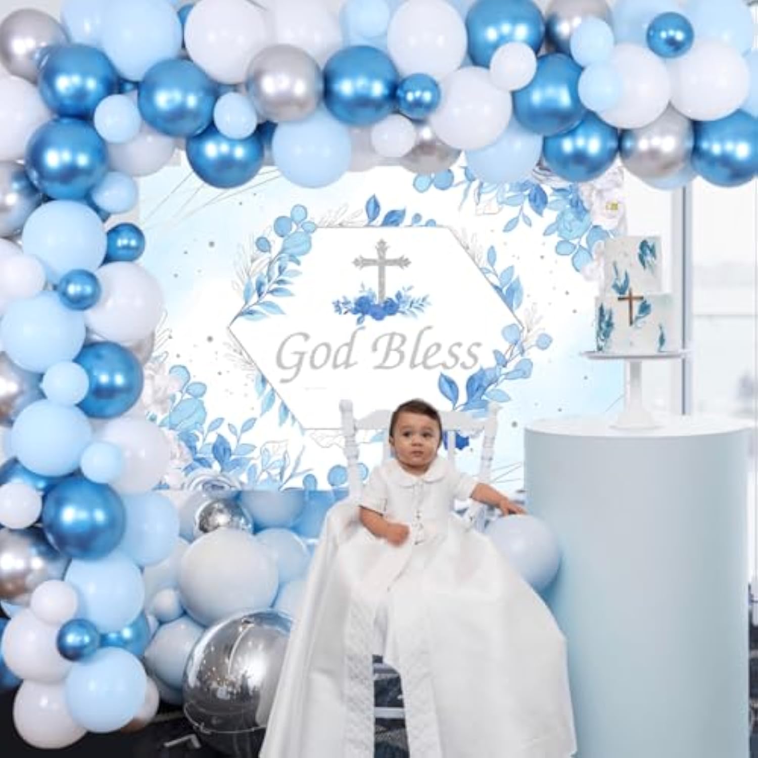 Baptism Decorations For Boys Blue - God Bless Party Decorations Blue & Silver Balloon Garland Kit With Backdrop Cross Foil Balloon For First Communion Confirmation Party Supplies
