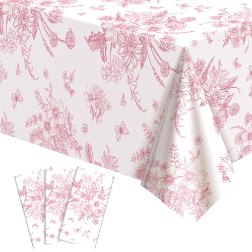 3 Pcs Pink Floral Plastic Tablecloths, Disposable Wedding Table Cloth