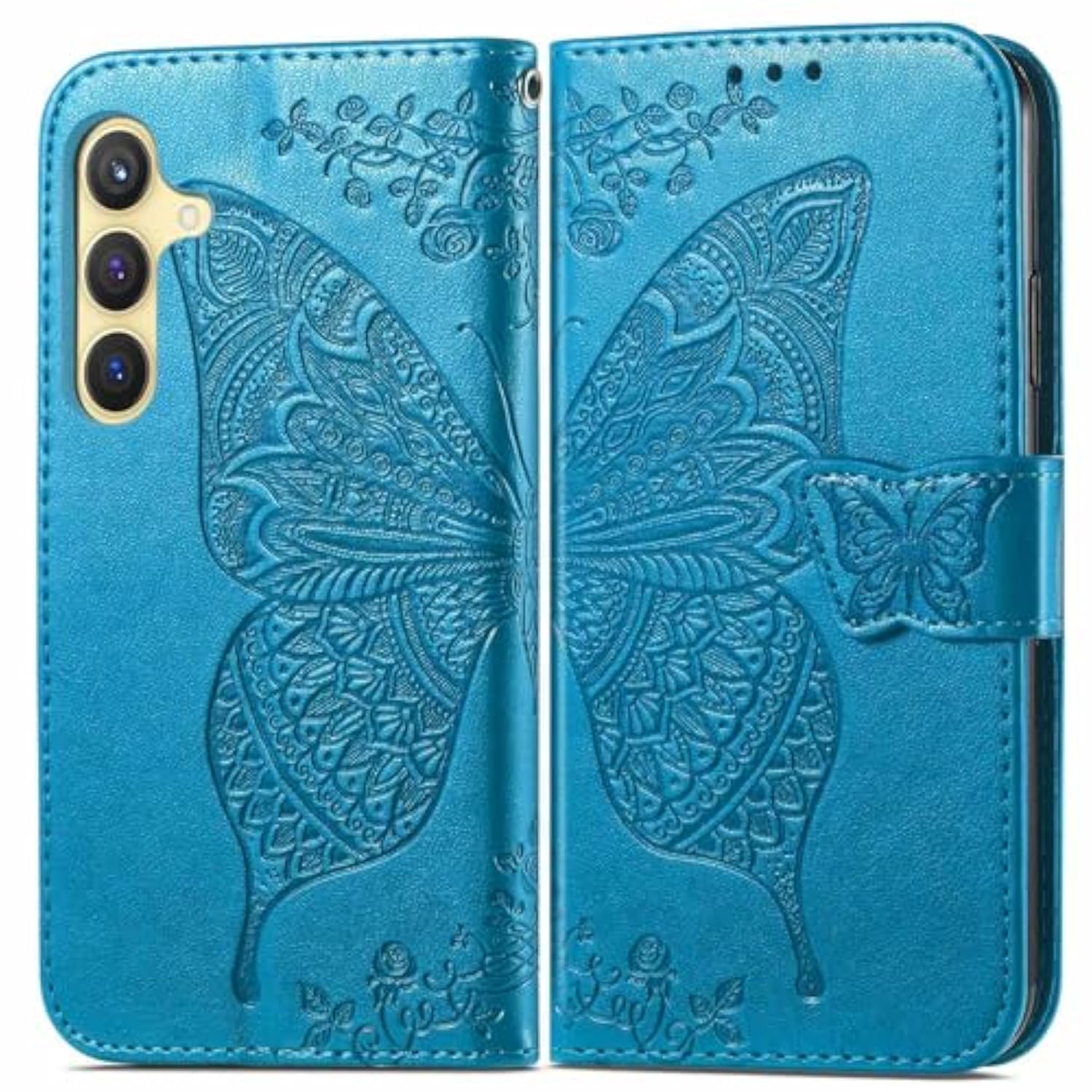 For Galaxy S25 5G Phone Case Wallet,Women Flip Folio Cover With Credit Card Holders Slots Butterfly Embossed Pu Leather Kickstand Wrist Strap Purse For Samsung S25 (Blue)