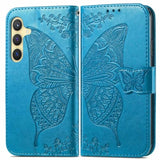 For Galaxy S25 5G Phone Case Wallet,Women Flip Folio Cover With Credit Card Holders Slots Butterfly Embossed Pu Leather Kickstand Wrist Strap Purse For Samsung S25 (Blue)
