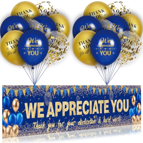 Navy Blue Gold We Appreciate You Banner Decorations with 18 pcs Balloons