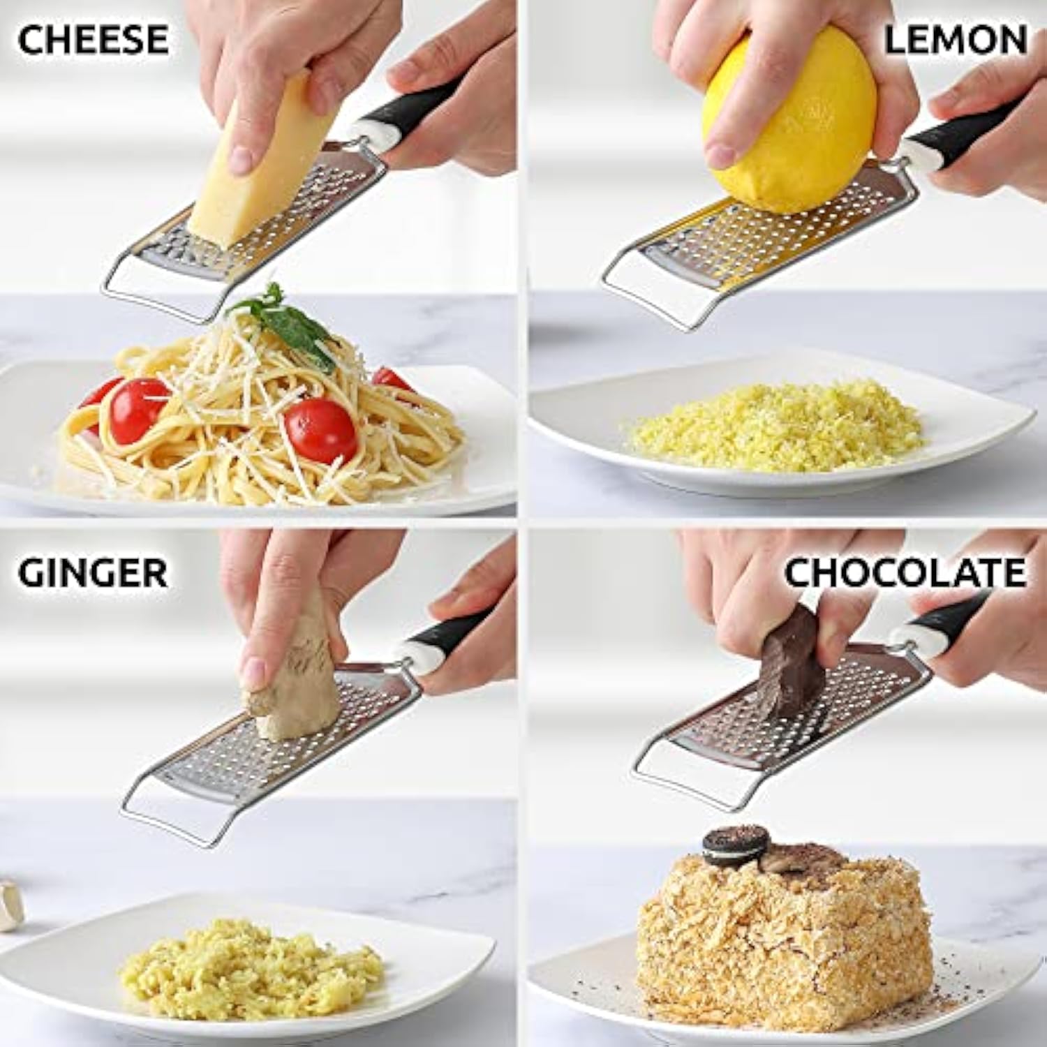 Professional Cheese Grater Stainless Steel - Durable Rust-Proof Metal Lemon Zester Grater With Handle - Flat Handheld Grater For Cheese, Chocolate, Spices, And More - Black