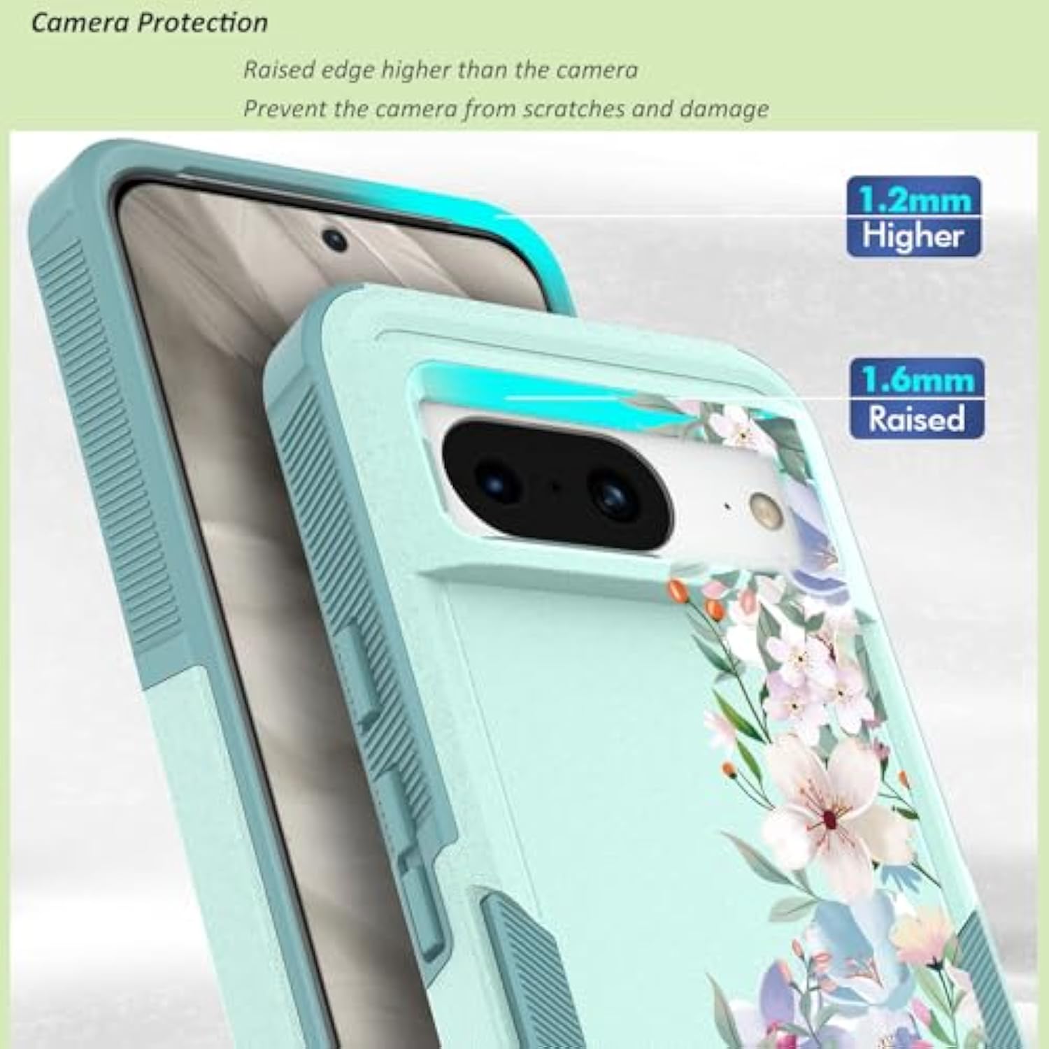 For Google Pixel 8 5G Case: Cute Flower Floral Design For Girls Women Slim Fit Soft Tpu Bumper Silicone Cell Phone Cover (Mint Teal/Magnolia)