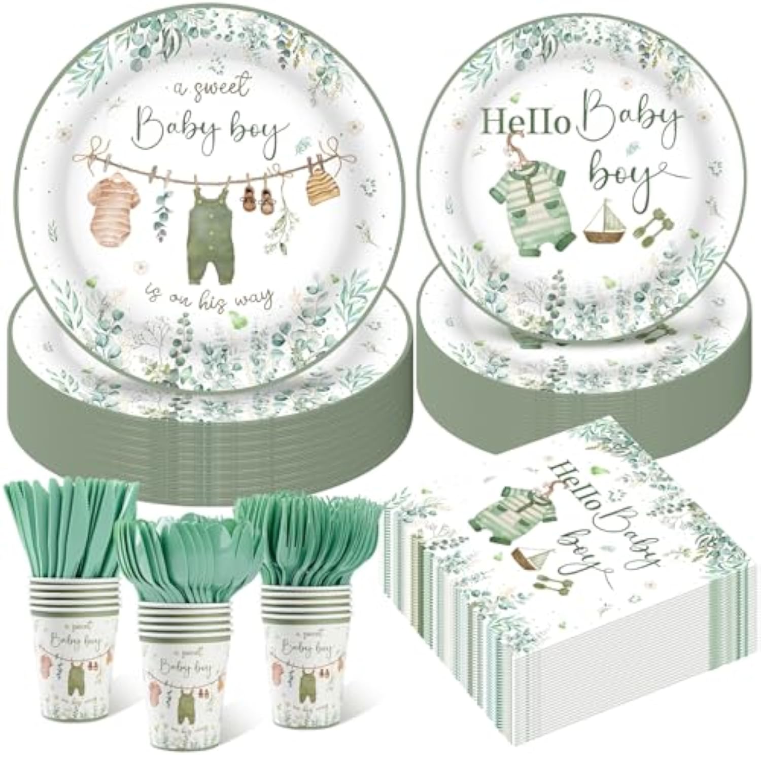 350Pcs Greenery Baby Shower Decorations For 50 Guests Include Disposable Paper Plates, Napkins, Cups And Plastic Cutlery For Boy