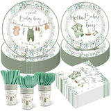 350Pcs Greenery Baby Shower Decorations For 50 Guests Include Disposable Paper Plates, Napkins, Cups And Plastic Cutlery For Boy
