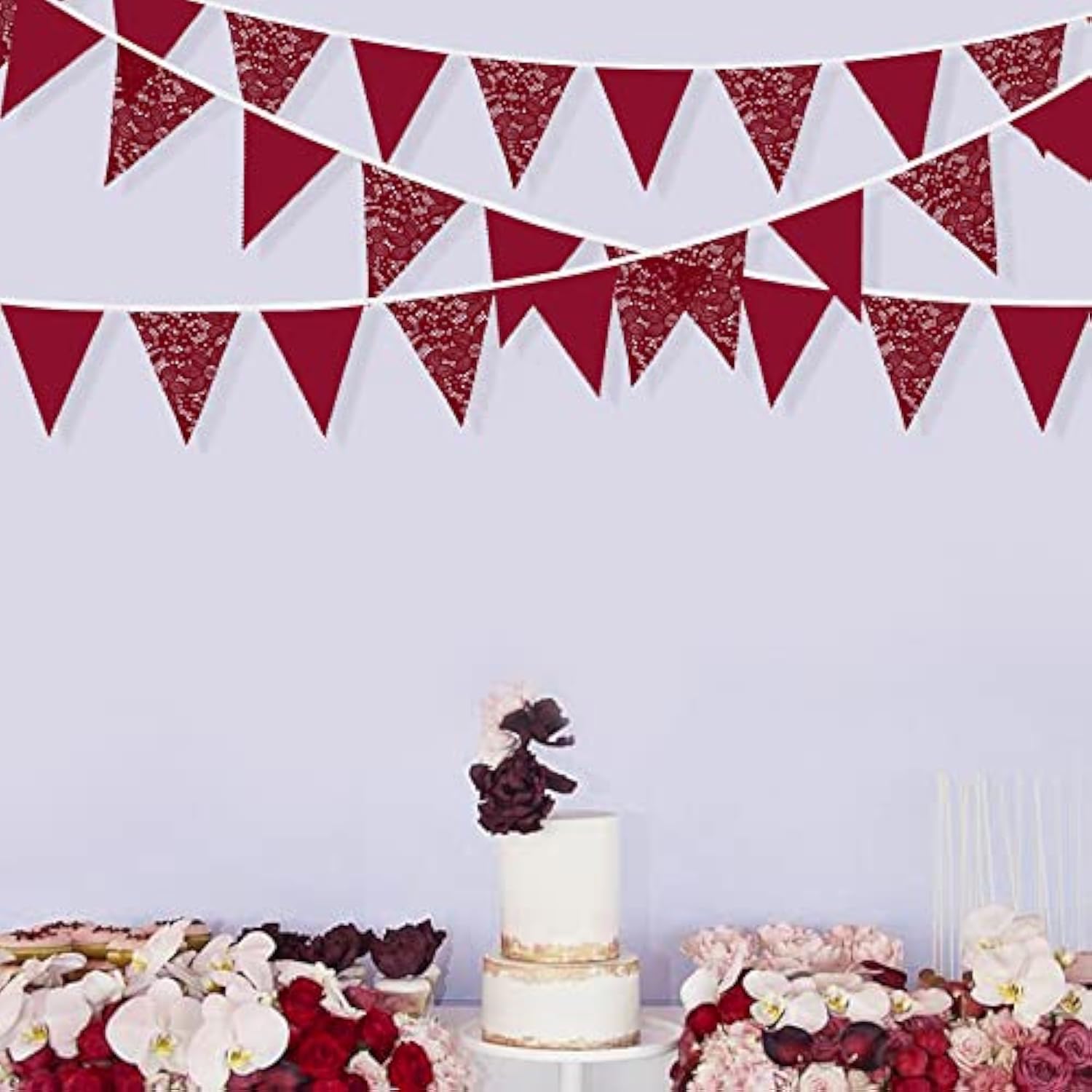32Ft Burgundy Pennant Banner Red Wine Fabric Triangle Party Lace Flag