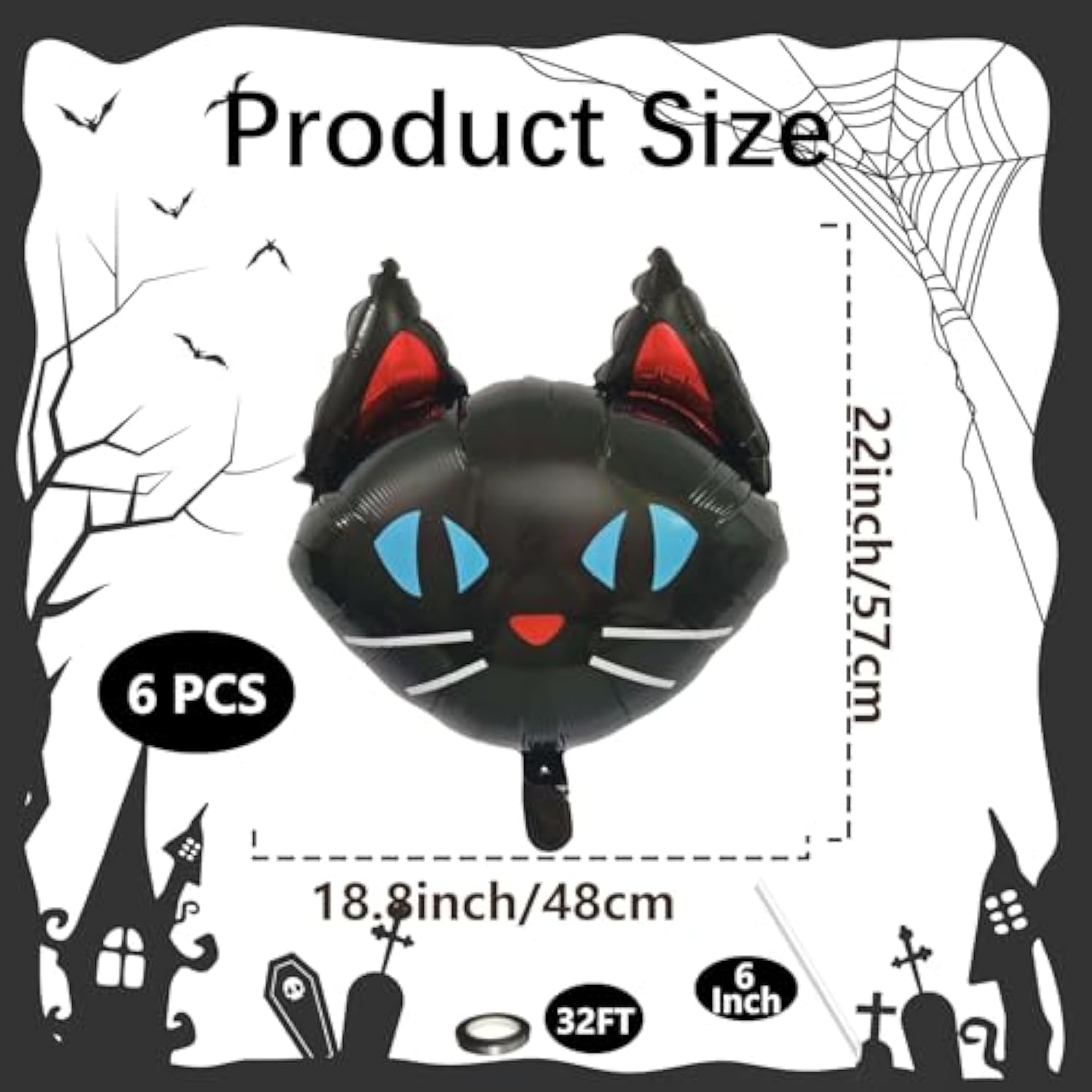 6pcs 22 Inch Black Cat Foil Balloons Scary Cat Face Halloween Party Decorations