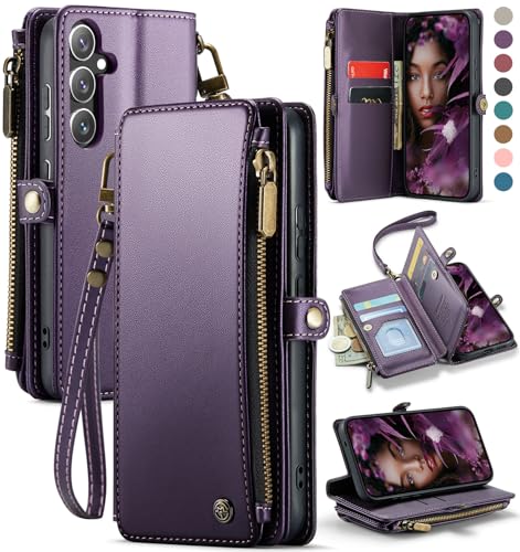 for Galaxy S25 Case Wallet with RFID Blocking Card Holder for Women, Elegant PU Leather Magnetic Snap Flip Wristlet Strap Zipper Wallet Phone Cases