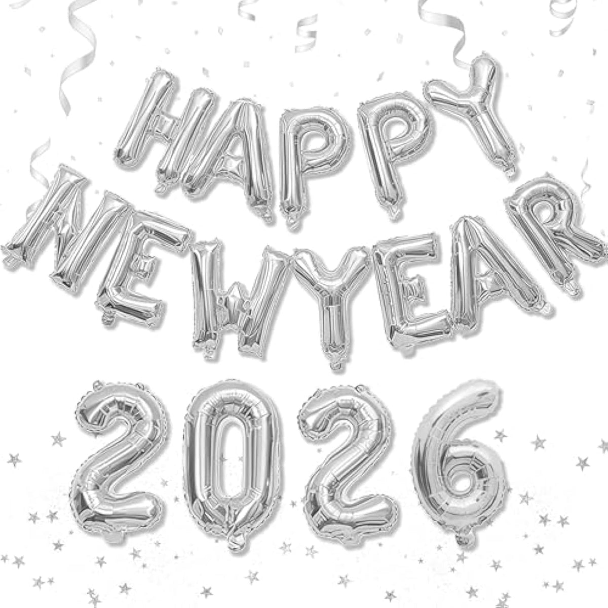 Silver Happy New Year 2026 Balloons, Number 2026 Foil Balloon With Happy New Year Letter Foil Balloon, 16 Inch 2026 Nye Decorations For 2026 Happy New Year Eve Christmas Party Decorations Supplies