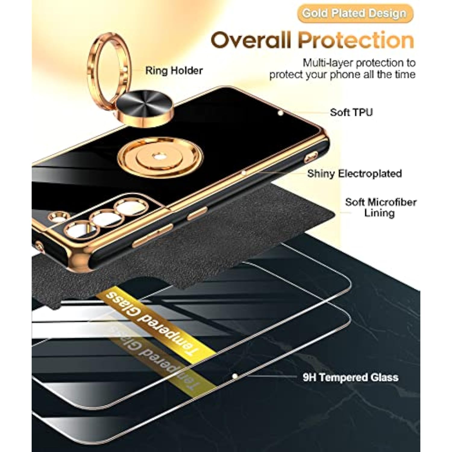 For Samsung Galaxy S21 Fe 5G Case: With Tempered Glass Screen Protector [2 Pack] 360° Rotatable Ring Holder Magnetic Kickstand, Plating Rose Gold Edge Protective Case, Black
