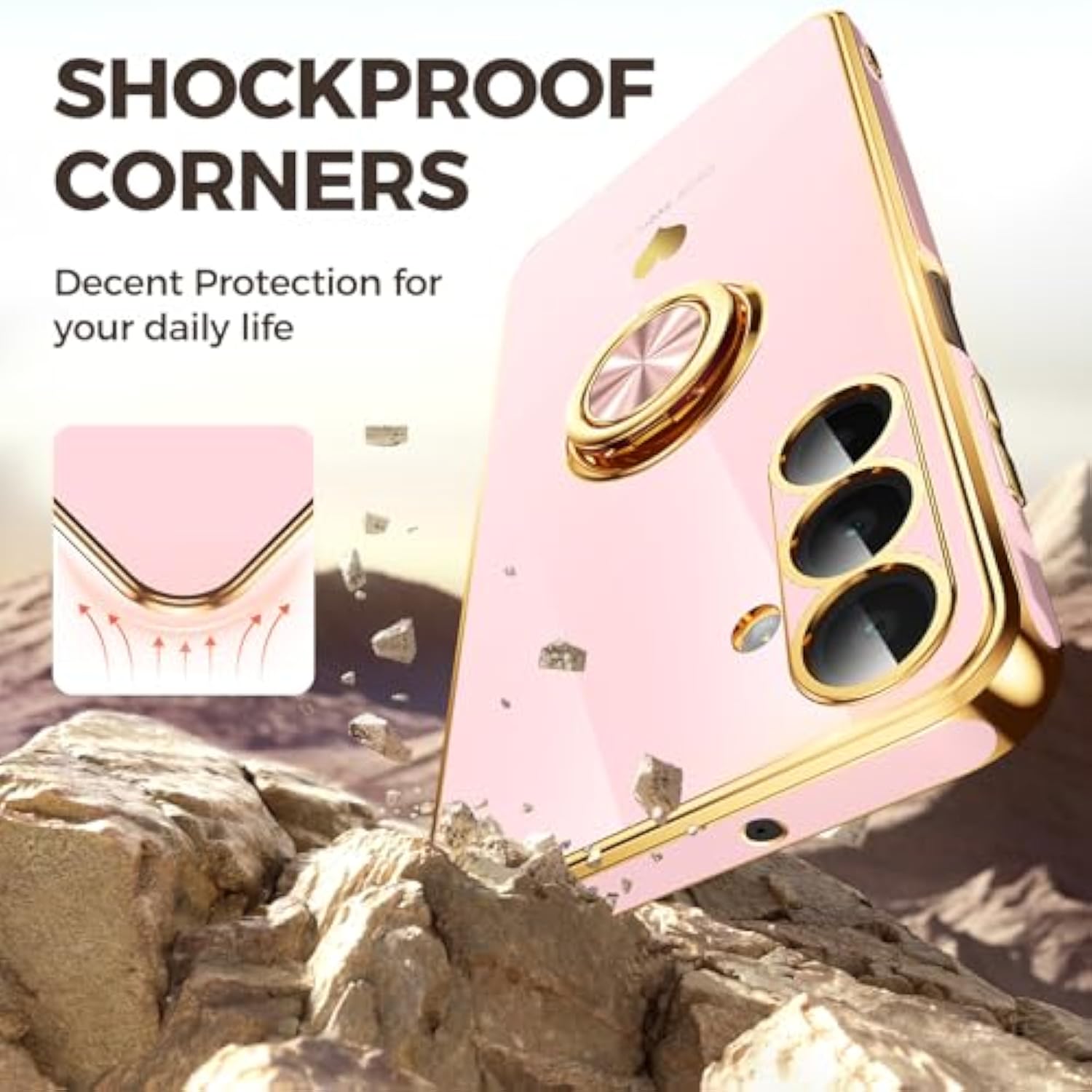 For Samsung Galaxy A16 5G Case With 2 Pack Screen Protector, 360° Rotatable Ring Holder [Luxury Hearts Pattern] Plating Gold Edge Slim Soft Phone Cover Case For Galaxy A16 - Girl Pink