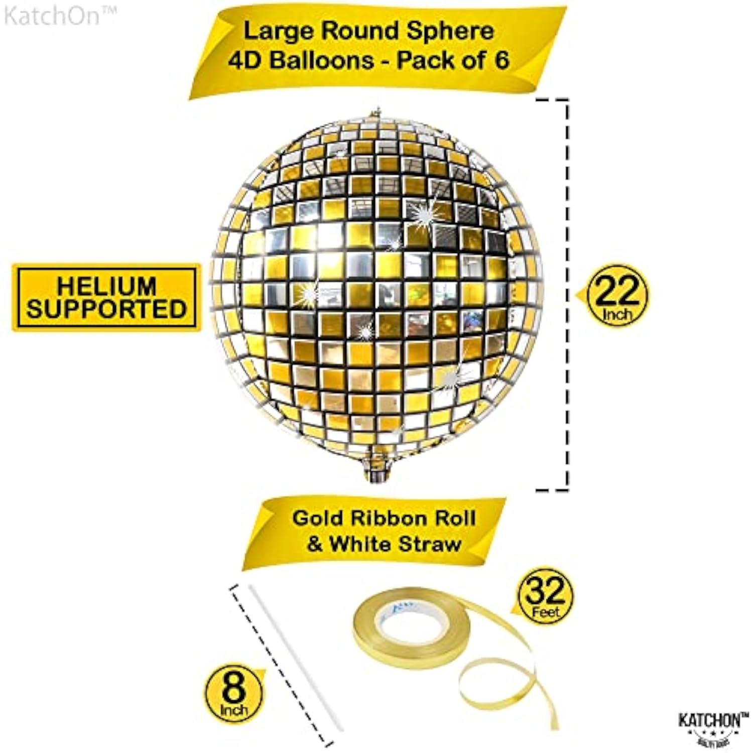 , Gold Disco Ball Balloons - Huge 22 Inch, Pack Of 6 | Metallic 4D Myl