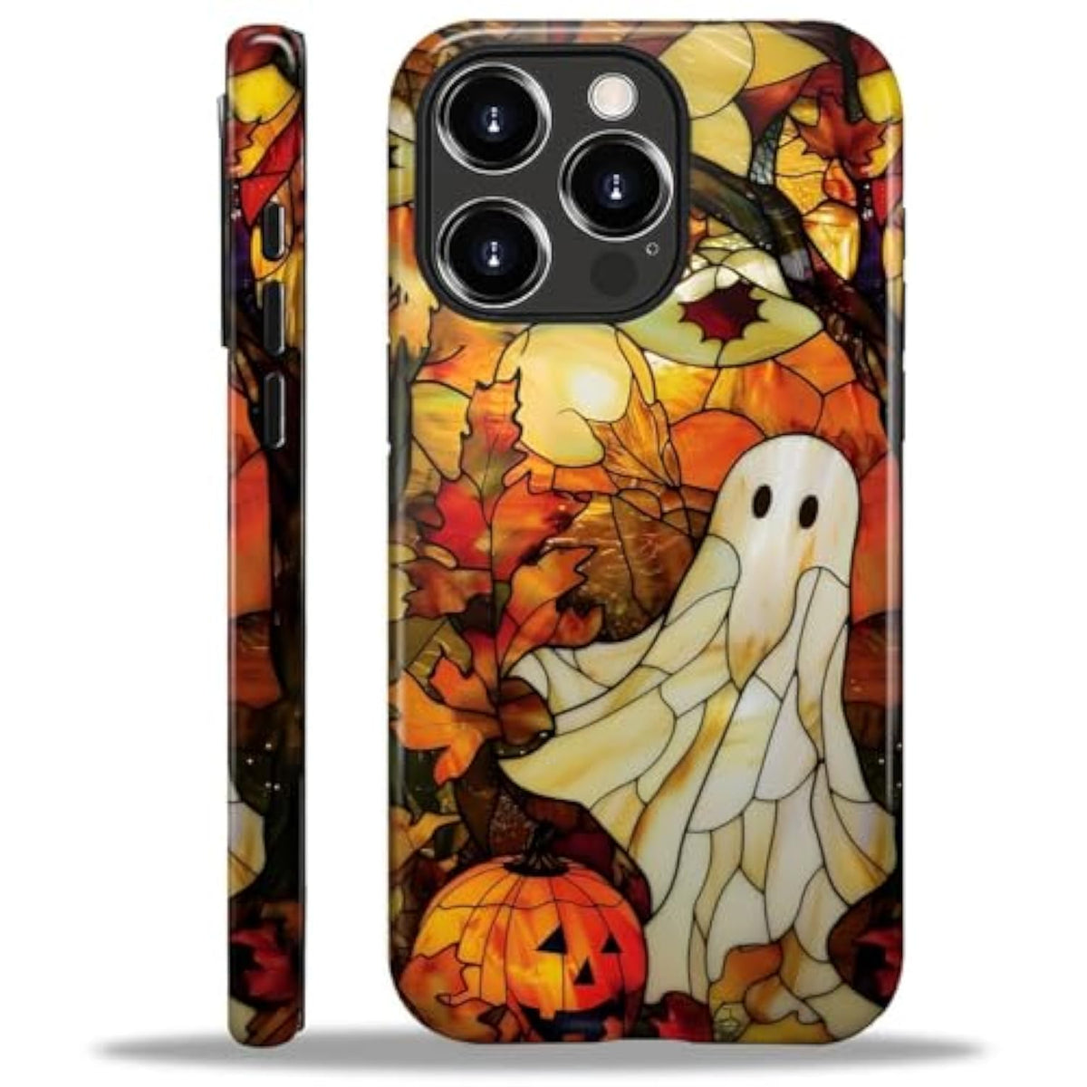 Compatible With Iphone 16 Pro Max Case - Dual-Layer Protection, Hard Shell With Silicone Interior,Slim Scratch Resistant Shockproof For Woman Men - Stained Glass Halloween Ghost And Pumpkin