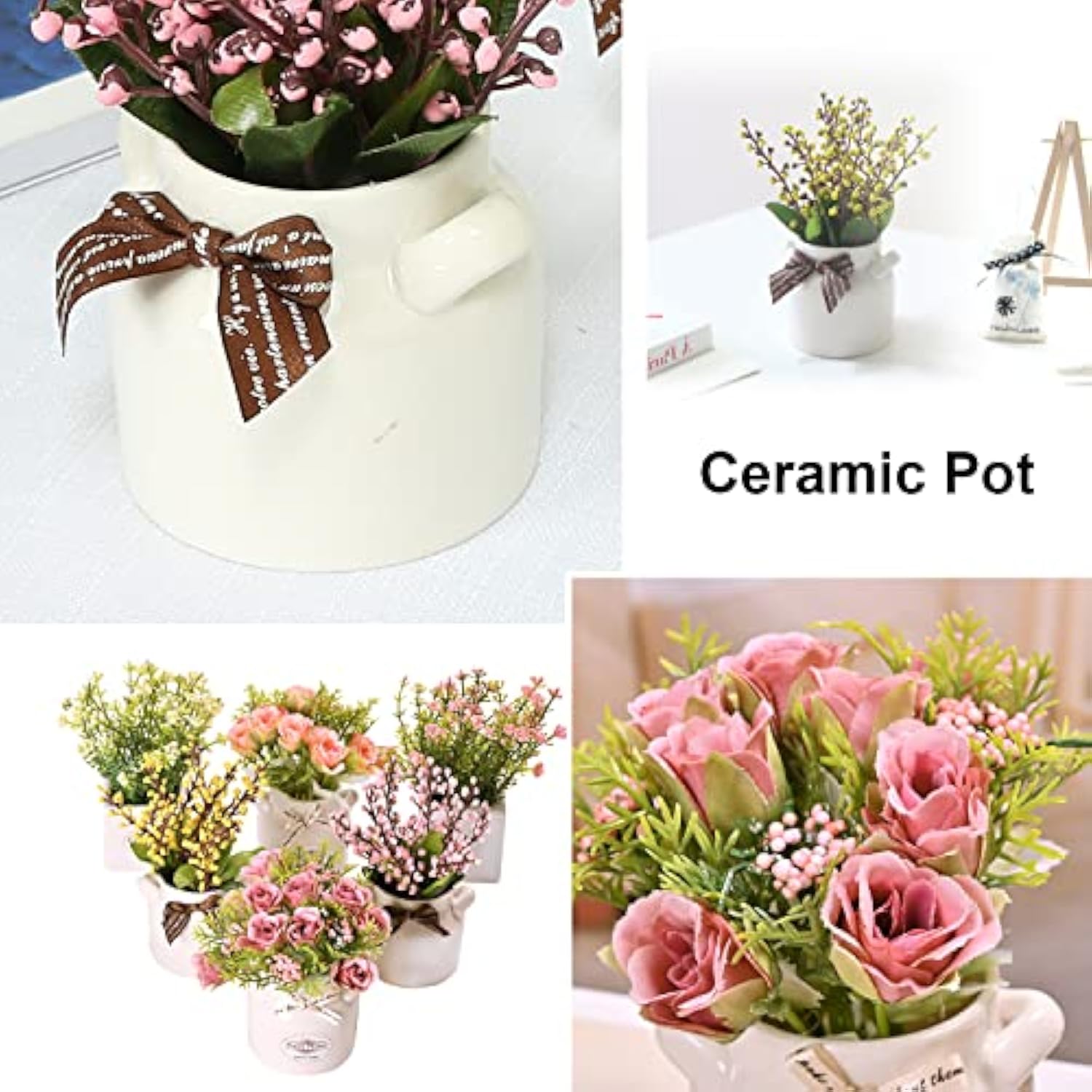 6Pcs Artificial Flowers With Ceramic Pot Fake Flower Arrangements Small Faux Spring Flowers In Vase Home Spring Decor, Centerpiece Table Decorations For Farmhouse Office Shelf Dining Table