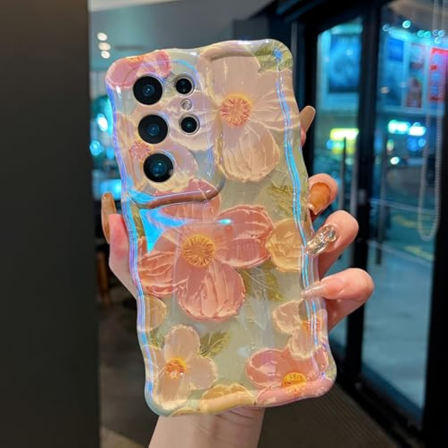 Case For Samsung Galaxy S25 Ultra, Colorful Retro Oil Painting Flower Cute Floral Aesthetic Curly Wave Frame Laser Glossy Reflective Exquisite Stylish Cover Girly Women-Green