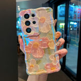 Case For Samsung Galaxy S25 Ultra, Colorful Retro Oil Painting Flower Cute Floral Aesthetic Curly Wave Frame Laser Glossy Reflective Exquisite Stylish Cover Girly Women-Green