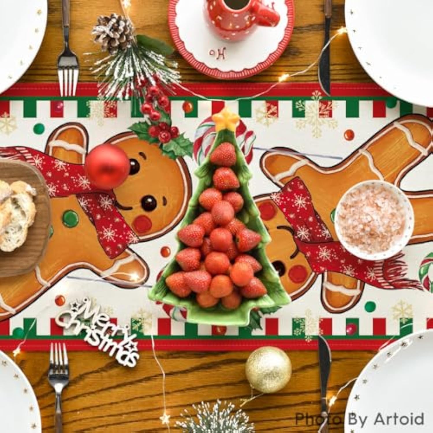 Gingerbread Candy Cane Christmas Table Runner, Seasonal Winter Kitchen Dining Table Decoration For Home Party Decor 13X72 Inch