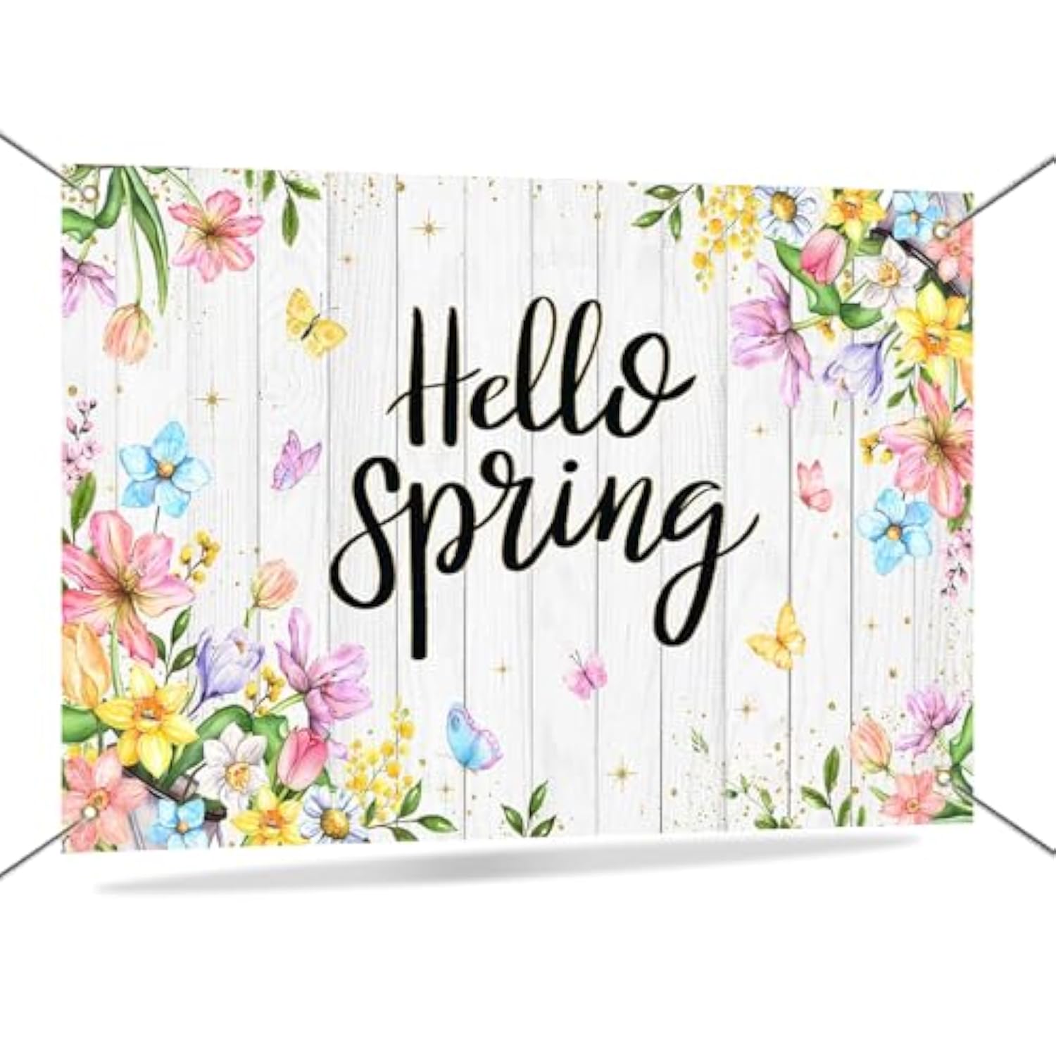 Hello Spring Banner Backdrop Wildflowers Rustic Wood Happy Spring Background Banner Butterfly Flowers Easter Holiday Party Decorations 70.8 X 43.3 Inch