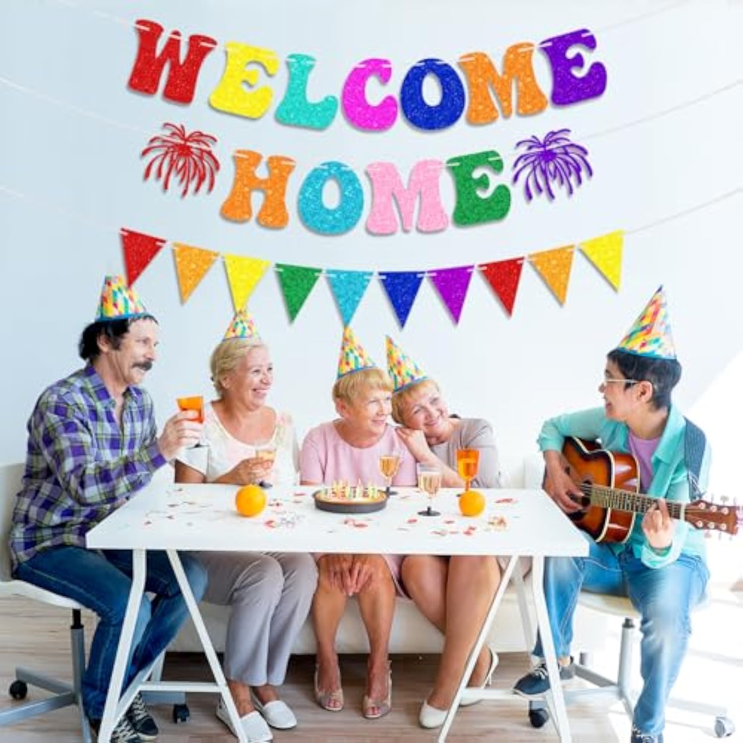 Welcome Home Decorations - Colorful Glitter Paper Welcome Home Banner, Colorful Glittery Pennant Bunting Flag, Housewarming, Homecoming & Military Return Party Decorations