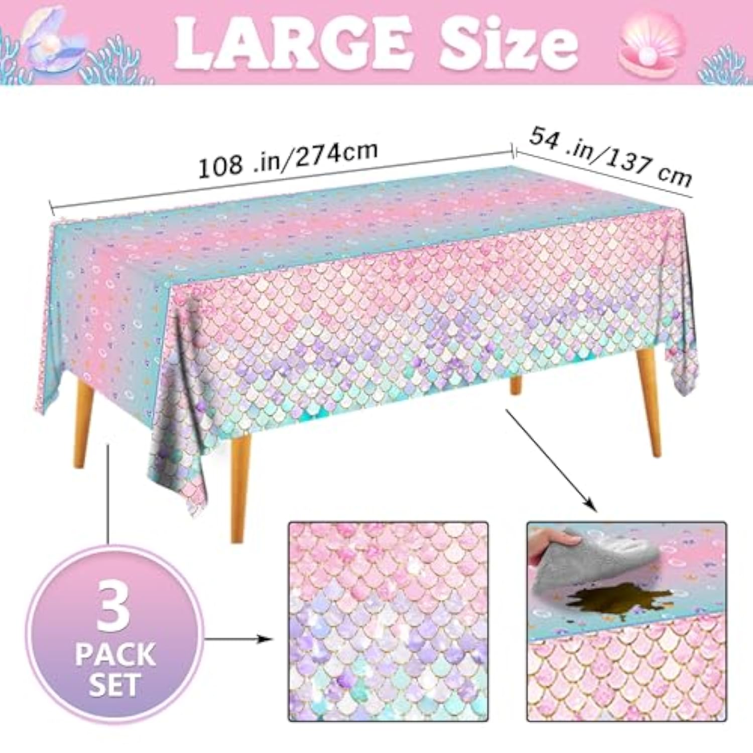 Mermaid Tablecloths 3 Pack Disposable Plastic Birthday Party Favors (Fish Scale)