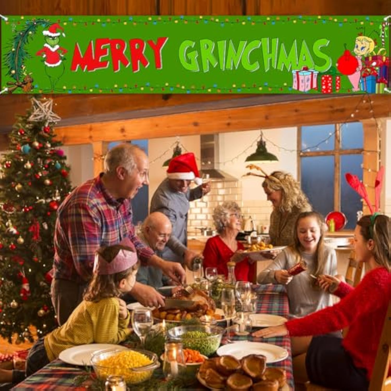 Green Christmas Fence Banner Winter Holiday Party Decoration Xmas Large Home Garden Outdoor Yard Hanging Sign Decor-1.6 * 8.2Ft (Green-A)