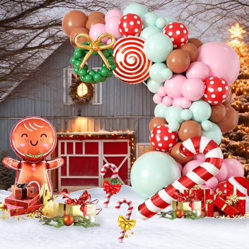 Gingerbread Balloon Arch Kit, 115 Pcs Pastel Pink Christmas Party Decorations with Pink Green and Red Latex Candy Cane Gingerbread Man Balloons Foil for Christmas Cookie Xmas New Year Party Supplies