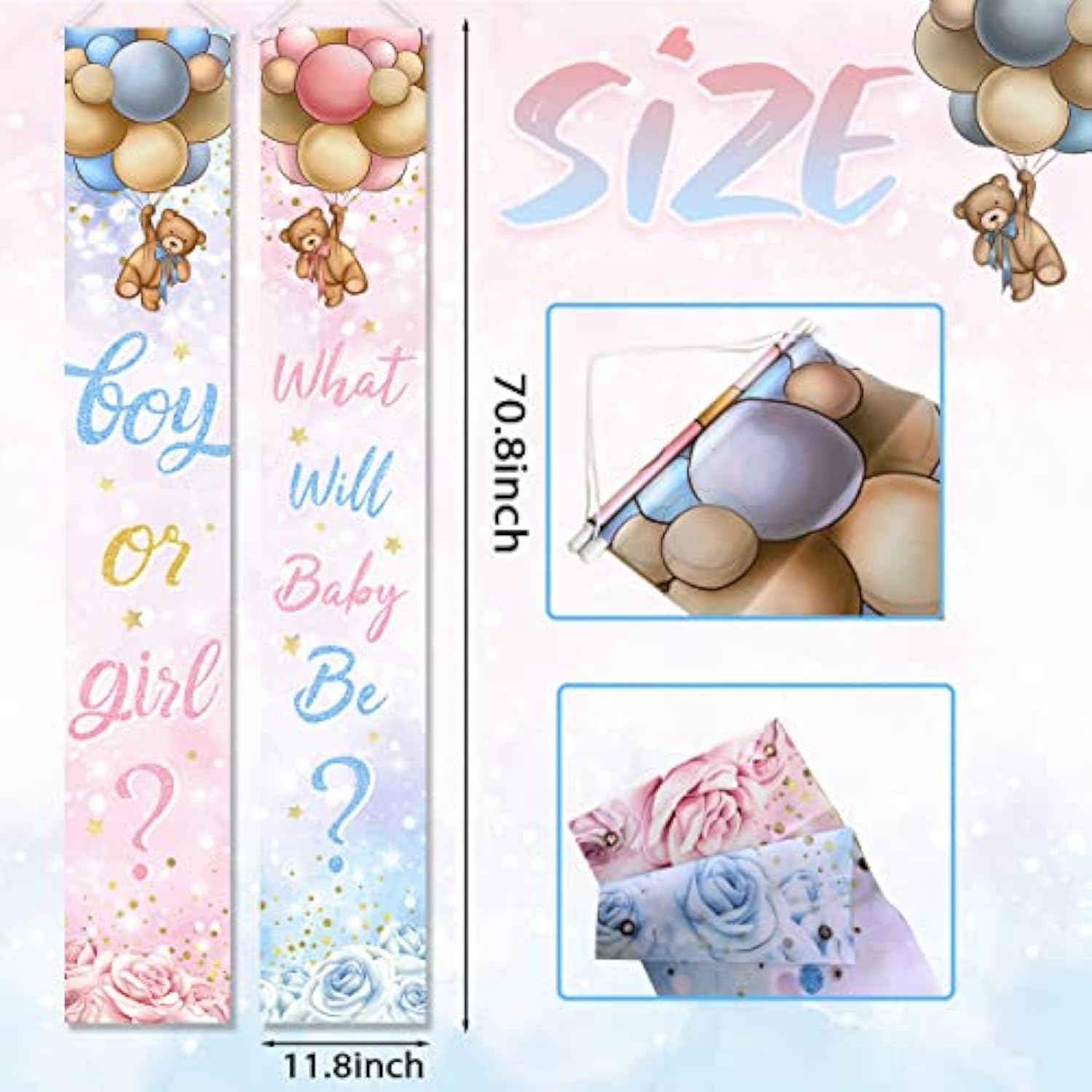 Baby Bear Gender Reveal Decorations - Boy Or Girl Porch Sign Banner, Pink Blue Balloon Baby Shower Door Hanging Banner For Party Supplies
