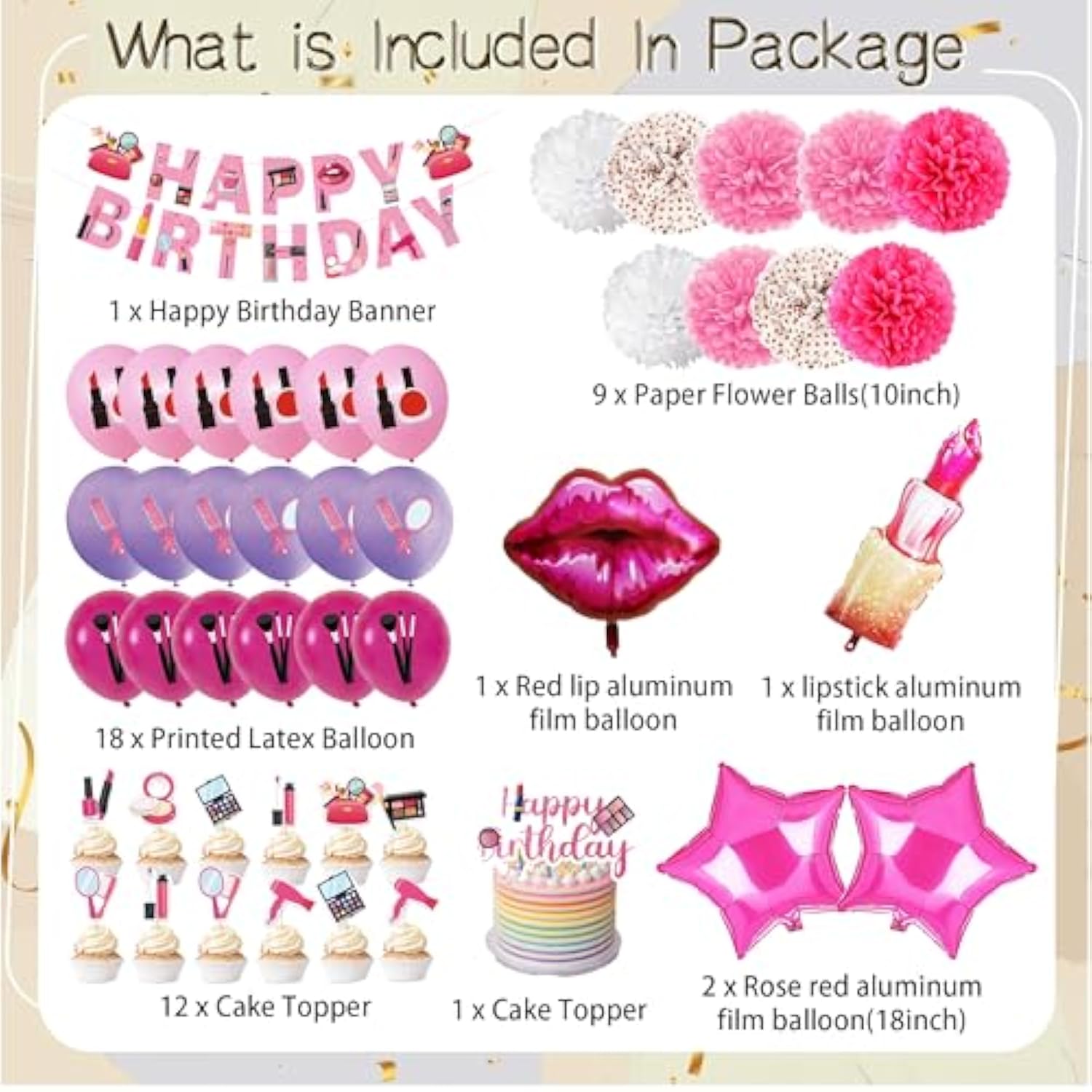 Makeup Party Supplies, 66Pcs Spa Party Decorations Set-Makeup Theme Party Decoration Happy Birthday Banner Happy Brirthday Makeup Birthday Cake Topper Kit, Party Decorations For Girls Women