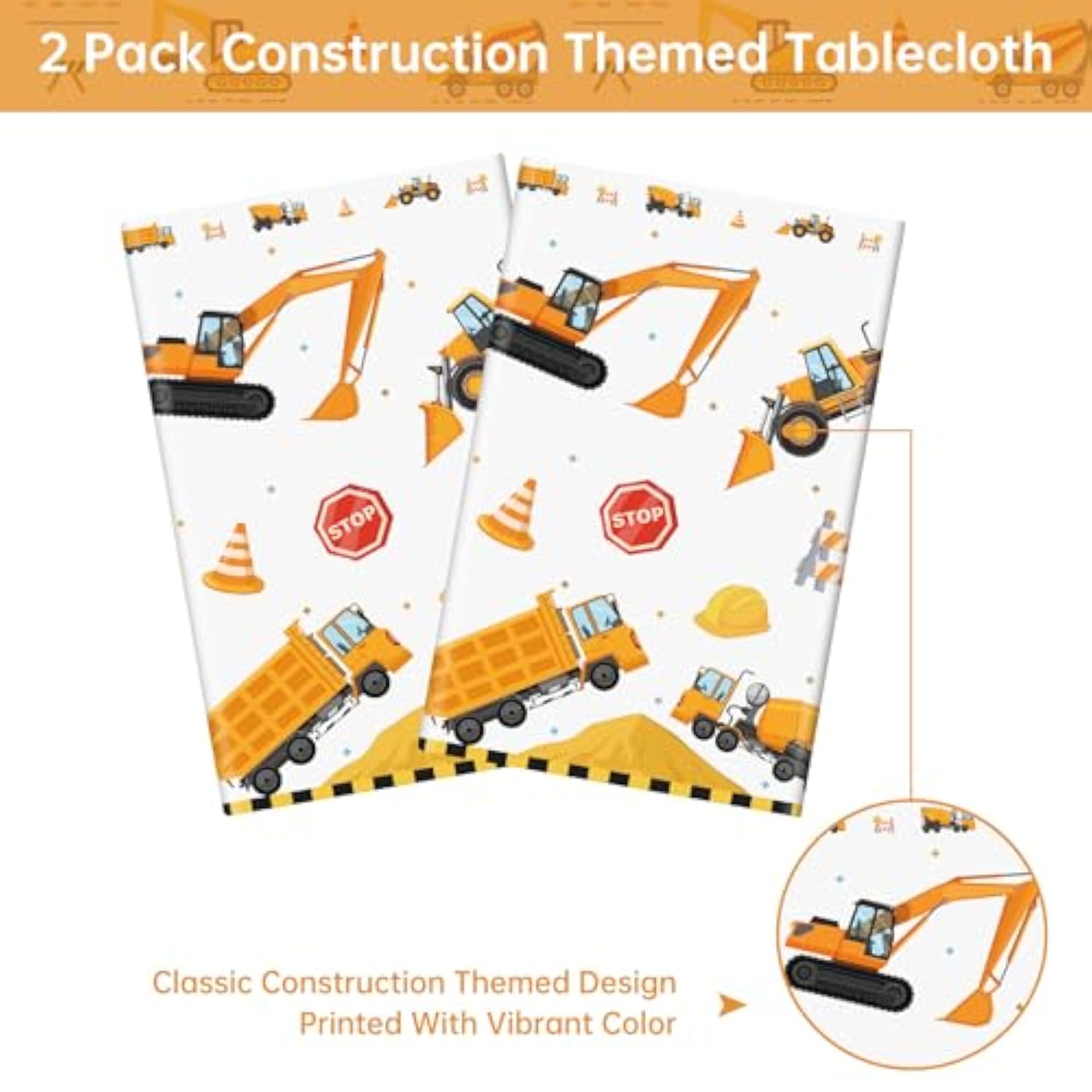 2 Pack Construction Table Cloth - Dump Truck Tablecloth, Plastic Disposable Rectangle Yellow Trucks Themed Table Cover For Construction Birthday Party Supplies Tables Decorations Favors, 87 X 51 Inch