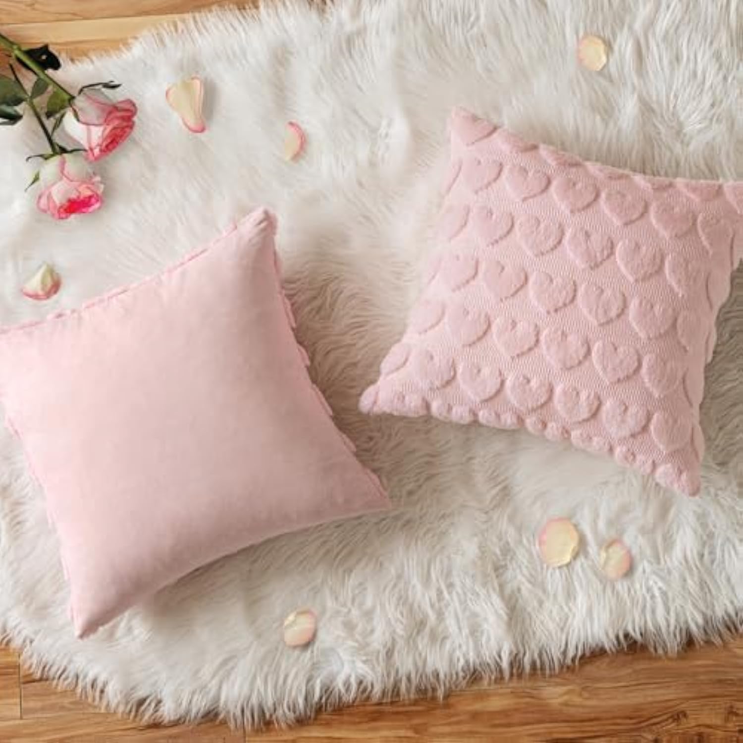 Valentines Pillow Covers 18X18 Inch Set Of 2 Valentines Day Light Pink Heart Love Decorative Cute Soft Plush Faux Fur Throw Pillows For Girl Bedroom Couch Sofa Holiday Home Decor